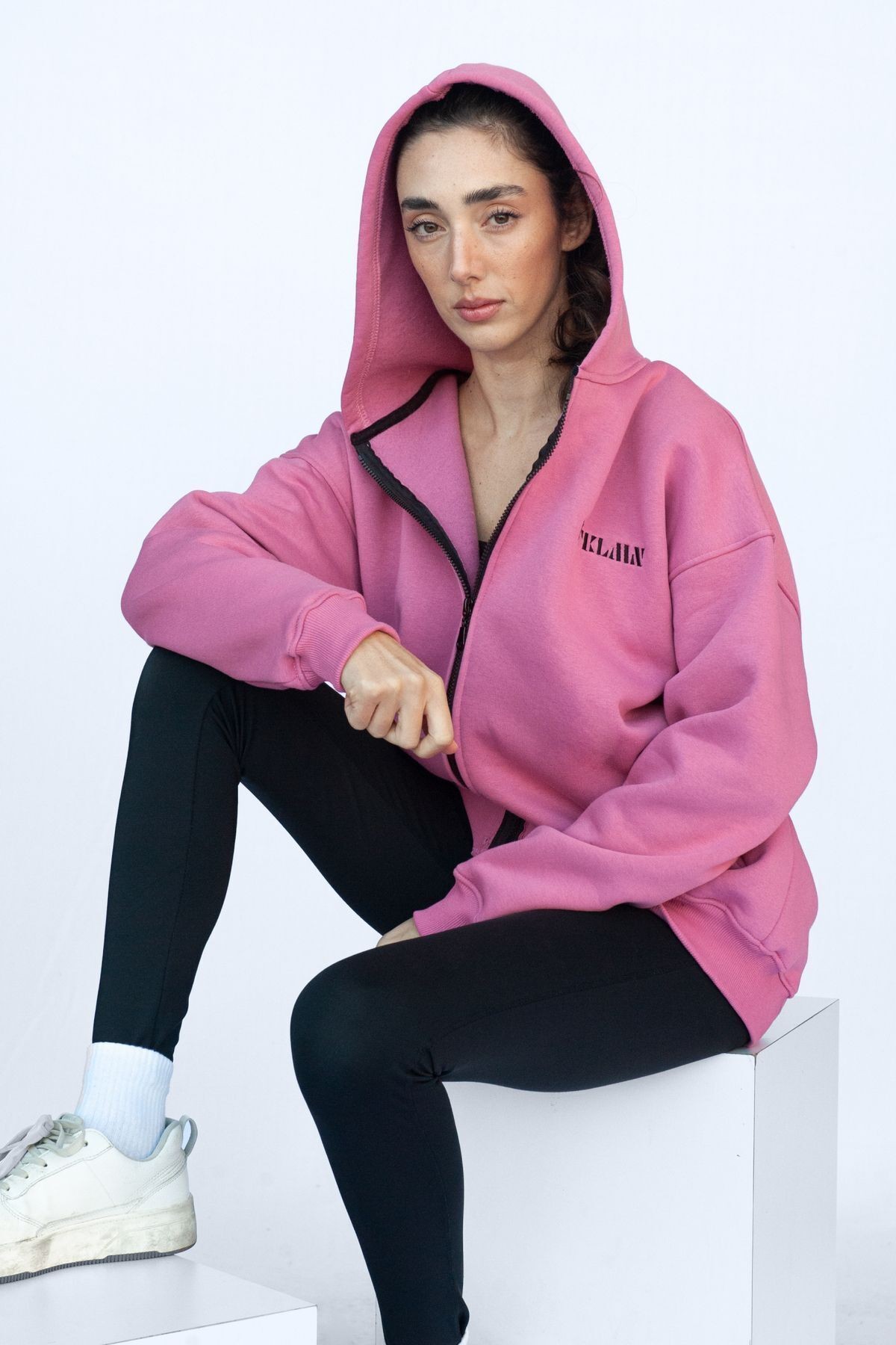 Şardonlu Oversize Kapşonlu Fermuarlı Sweatshirt - Pembe
