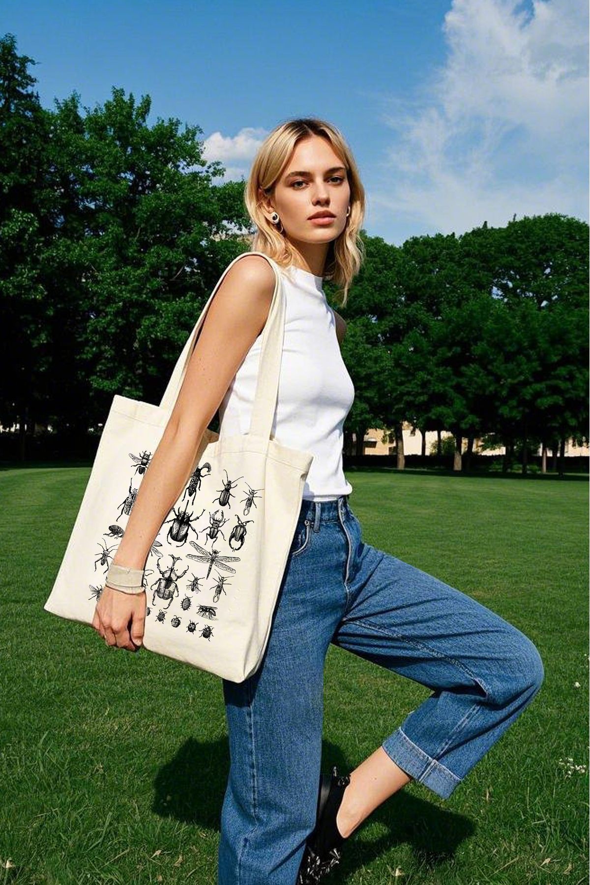 Bezji Bugs Baskılı Kanvas Bez Çanta Tote Bag