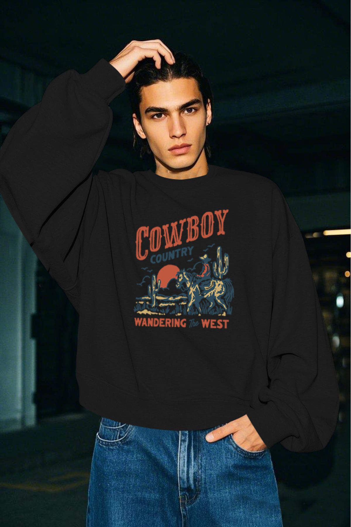 Cowboy Baskılı Unisex Kalın İçi Polarlı Oversize Sweatshirt - Siyah