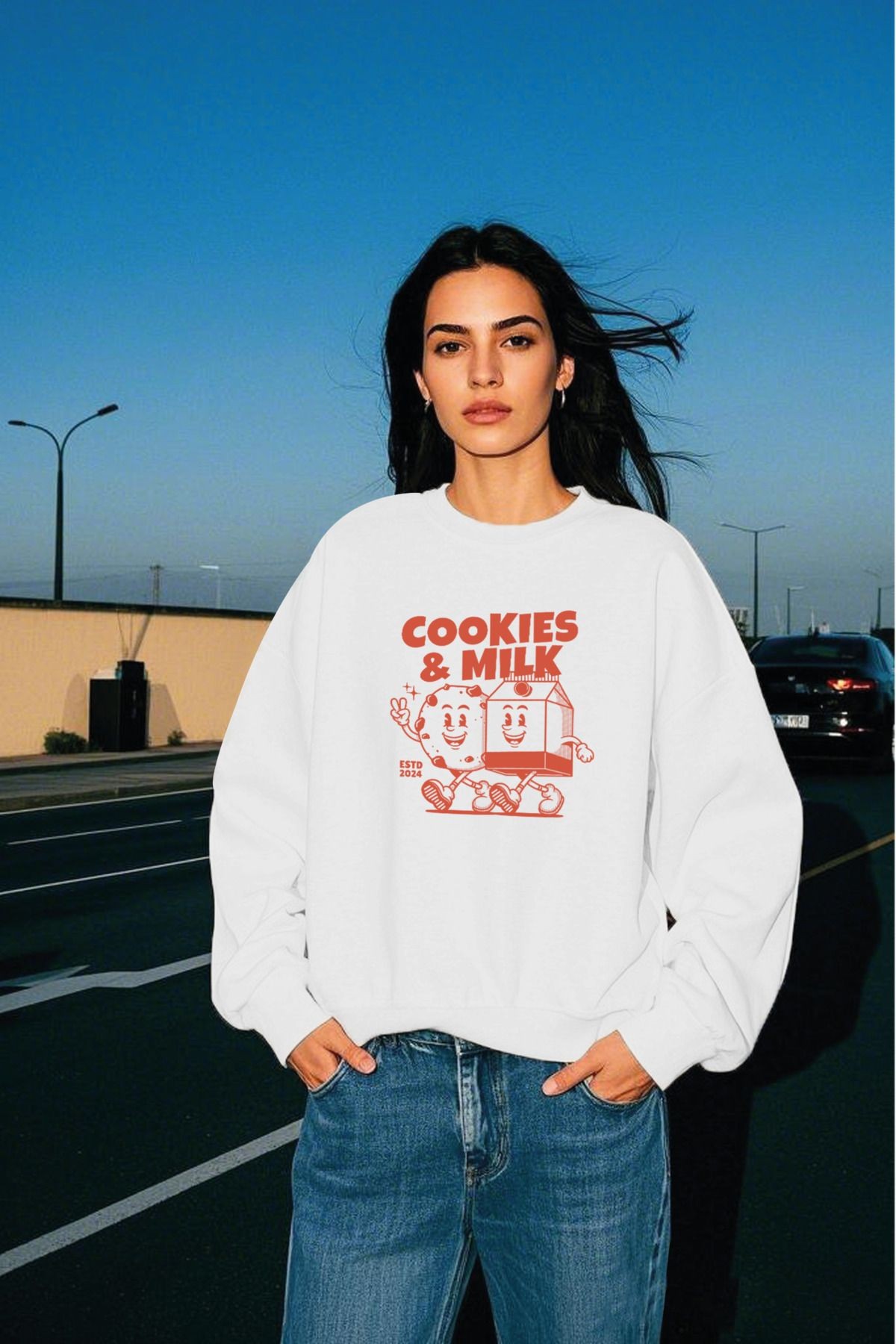 Cookies & Milk Baskılı Beyaz Unisex Kalın Içi Polarlı Oversize Sweatshirt