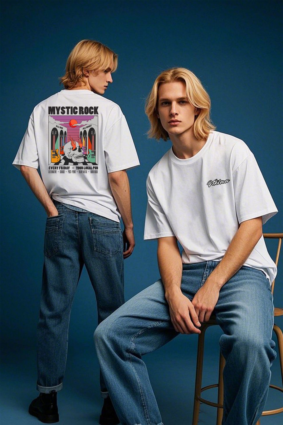 Unisex %100 Organik Pamuk Oversize Yuvarlak Yaka Baskılı T-shirt - Beyaz