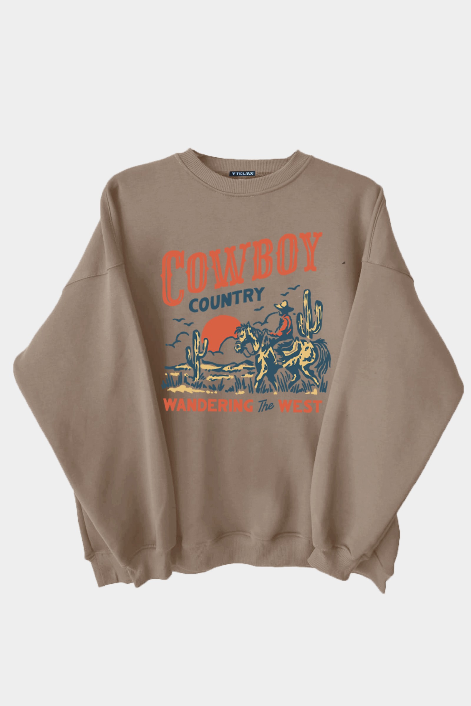 Cowboy Baskılı Unisex Kalın İçi Polarlı Oversize Sweatshirt - Kahve