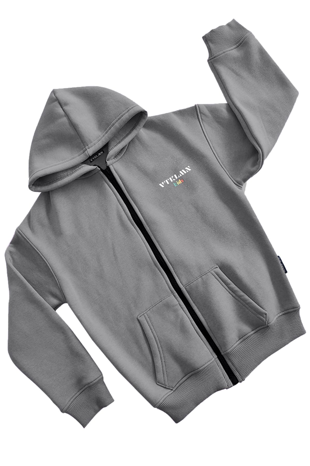 Erkek / Kız Çocuk Kalın İçi Polarlı Kapüşonlu Hoodie Sweatshirt - Gri-Melanj