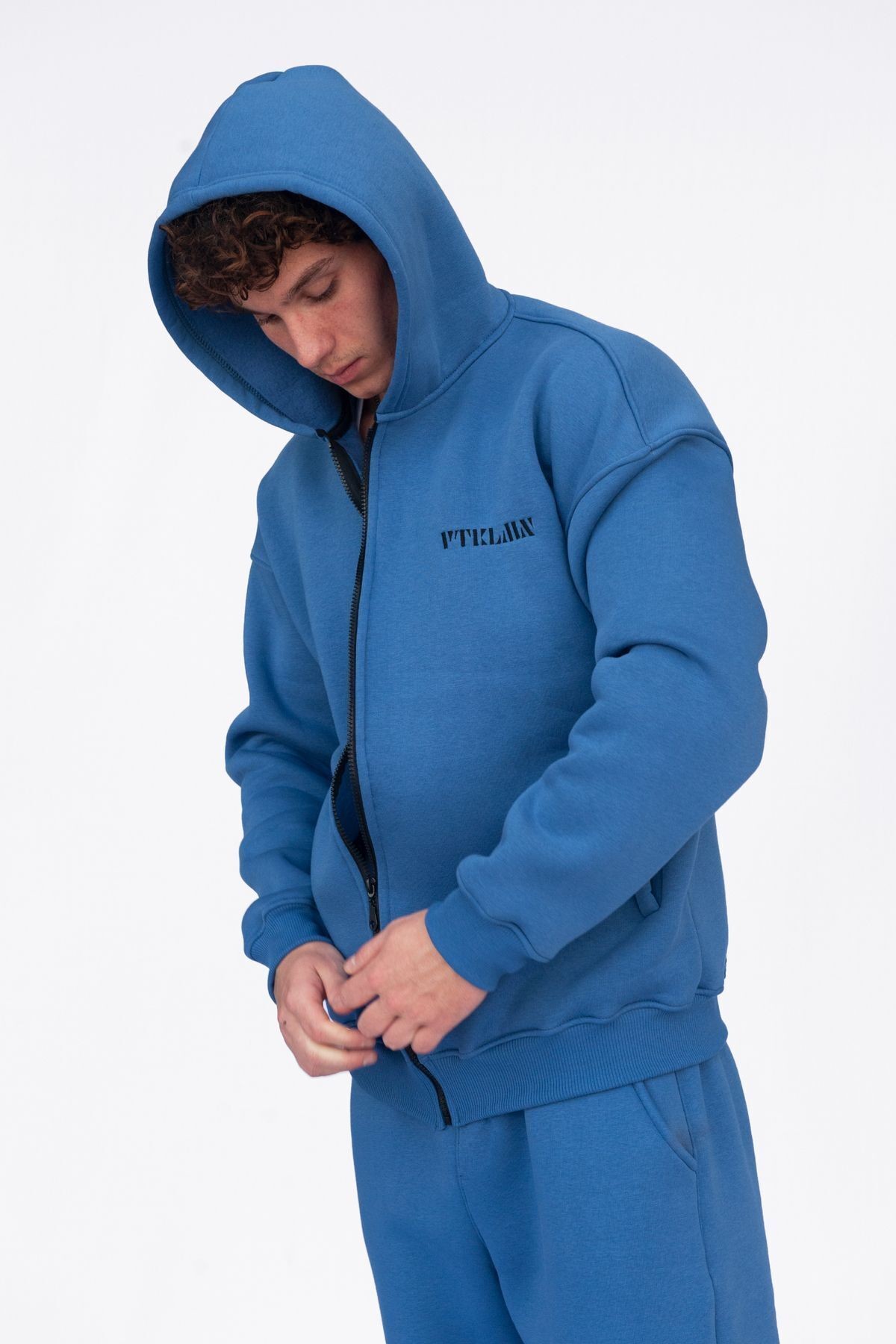 Şardonlu Oversize Kapşonlu Fermuarlı Sweatshirt - Lacivert