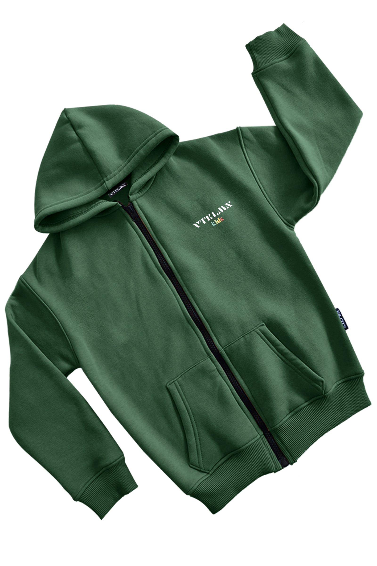 Erkek / Kız Çocuk Şardonlu Kapüşonlu Fermuarlı Sweatshirt - Koyu Yeşil