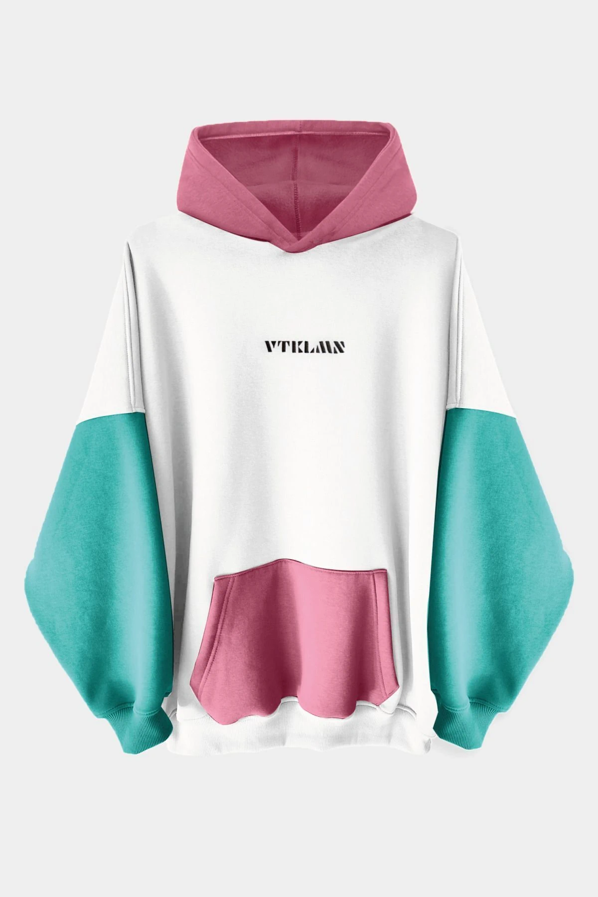Kapüşonlu Hoodie Sweatshirt - Beyaz-Turkuaz-Pembe