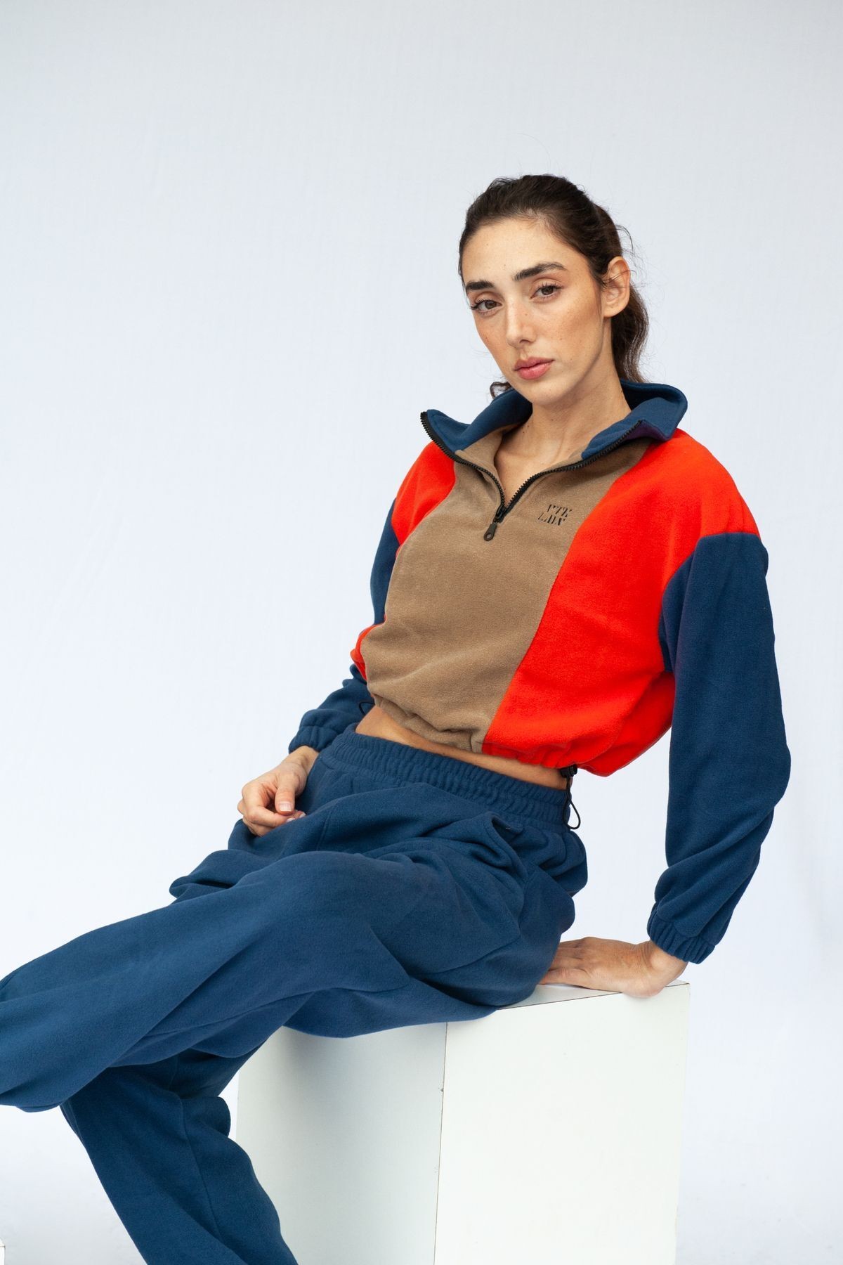 Yarım Fermuarlı Crop Polar - Lacivert-Turuncu