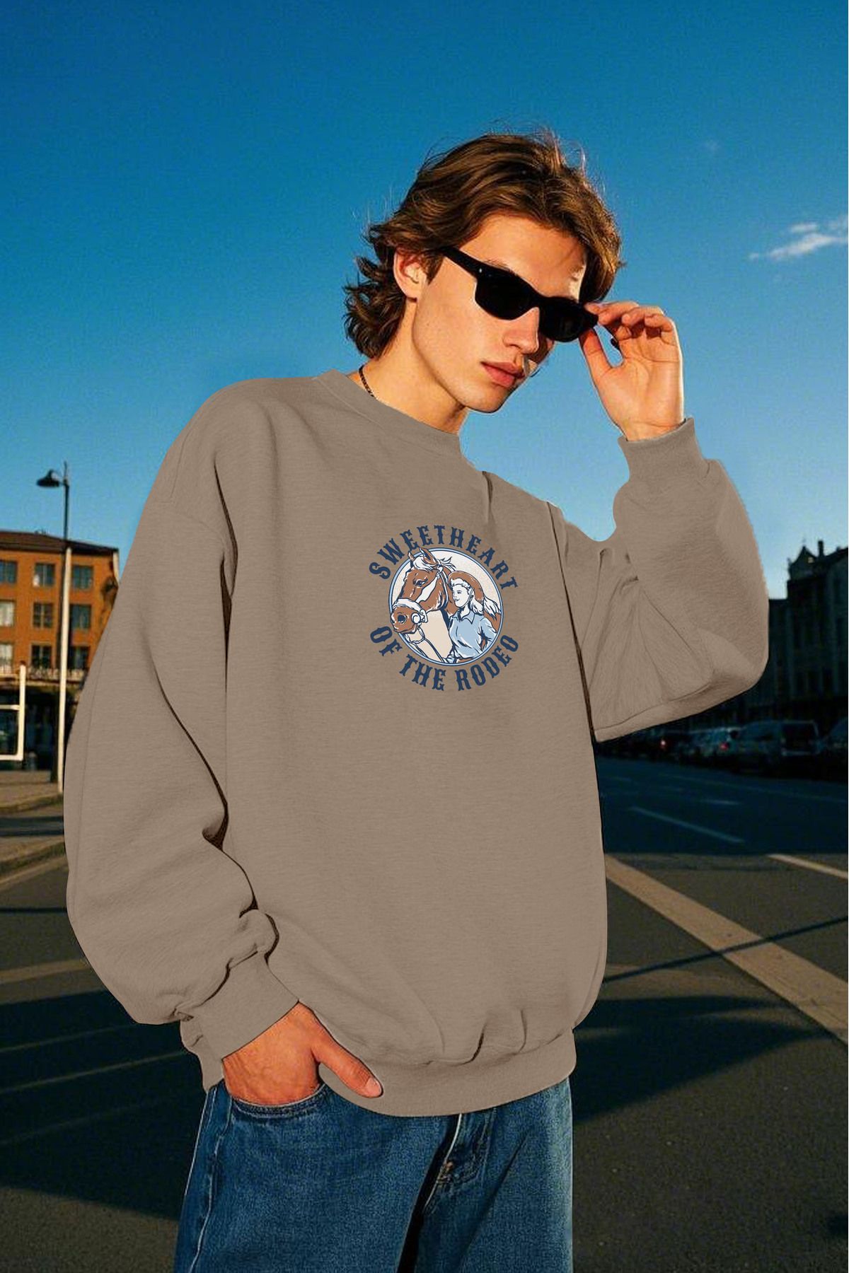 Rodeo Baskılı Unisex Kalın İçi Polarlı Oversize Sweatshirt - KAHVE