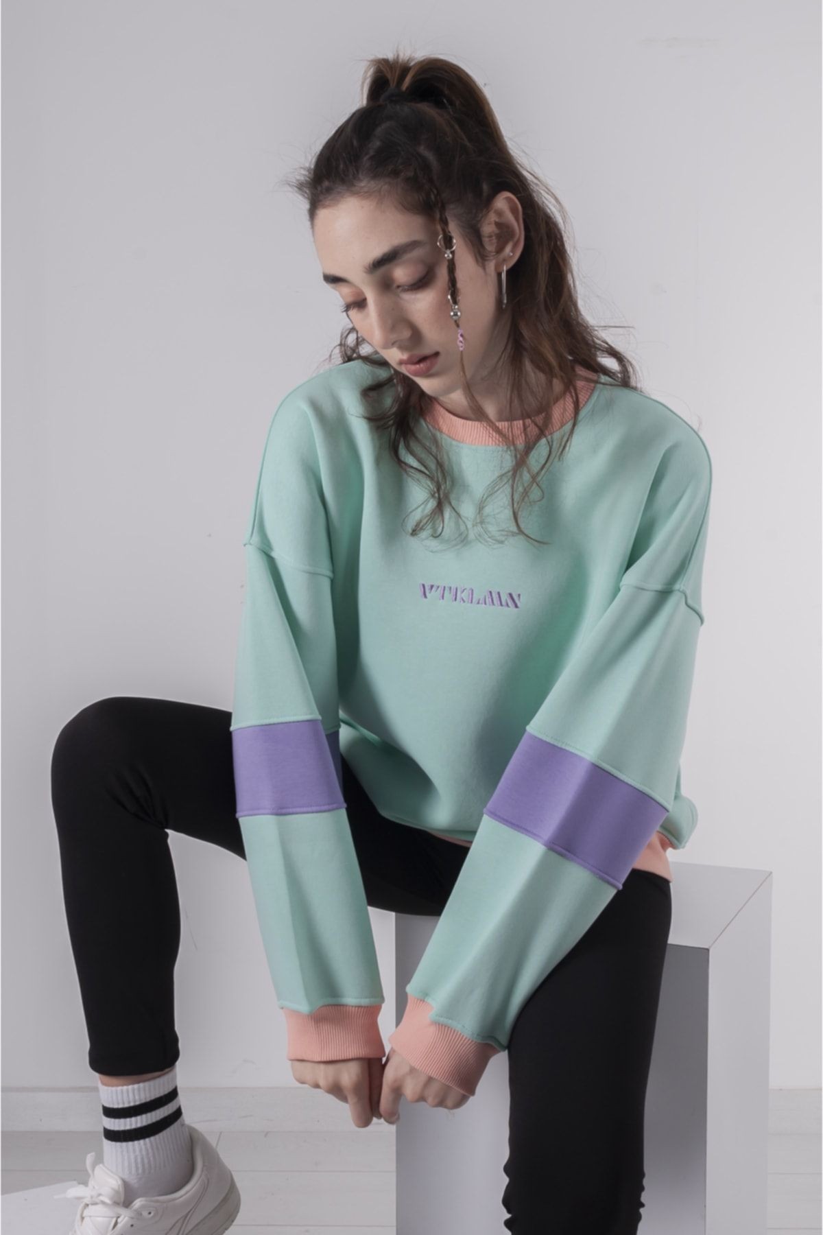 Oversize Şardonlu Örme Sweatshirt - MİNT