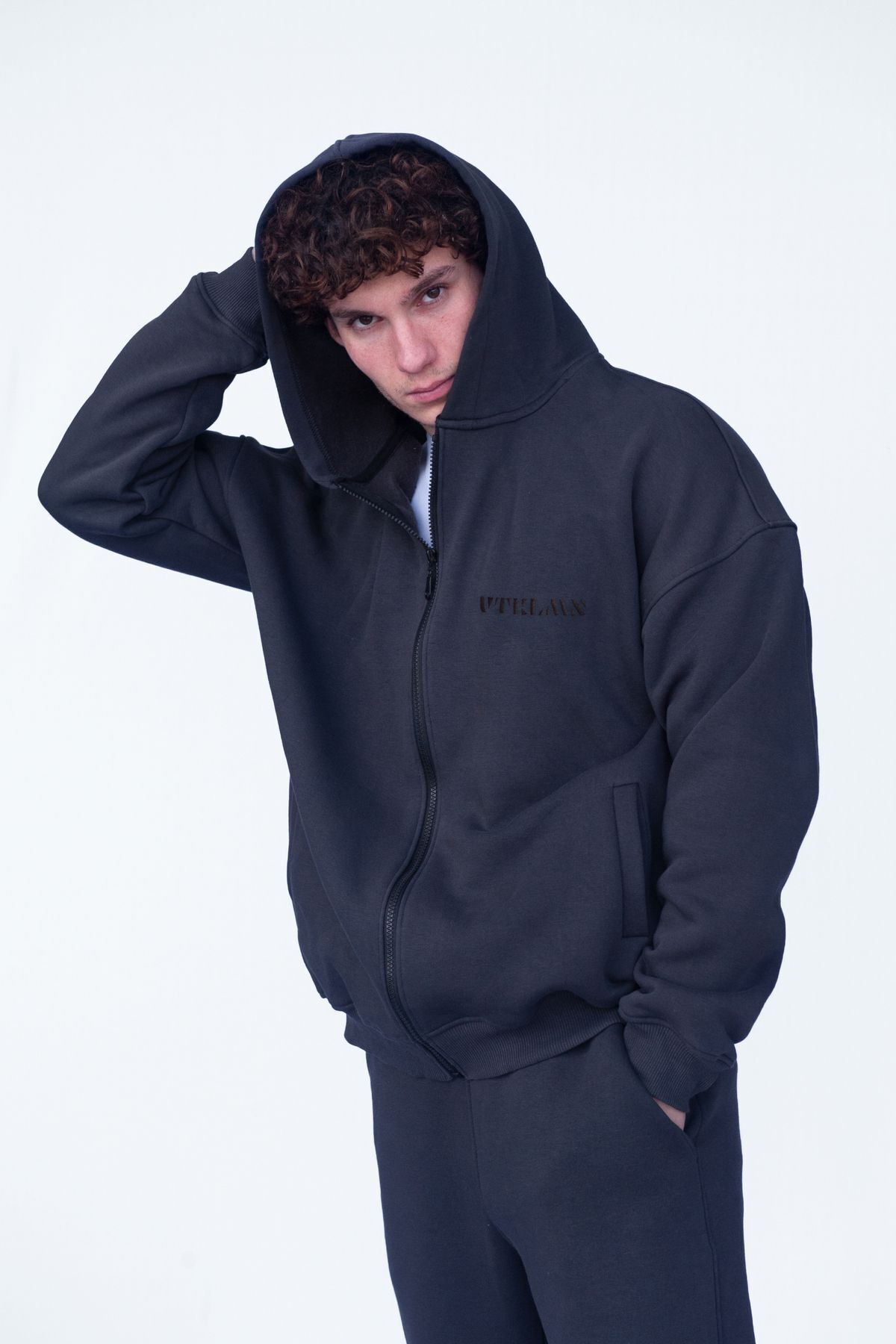 Şardonlu Oversize Kapşonlu Fermuarlı Sweatshirt