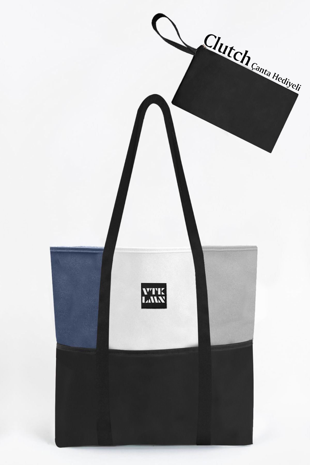 Tote Bag Omuz Çantası - Lacivert-Beyaz-Gri