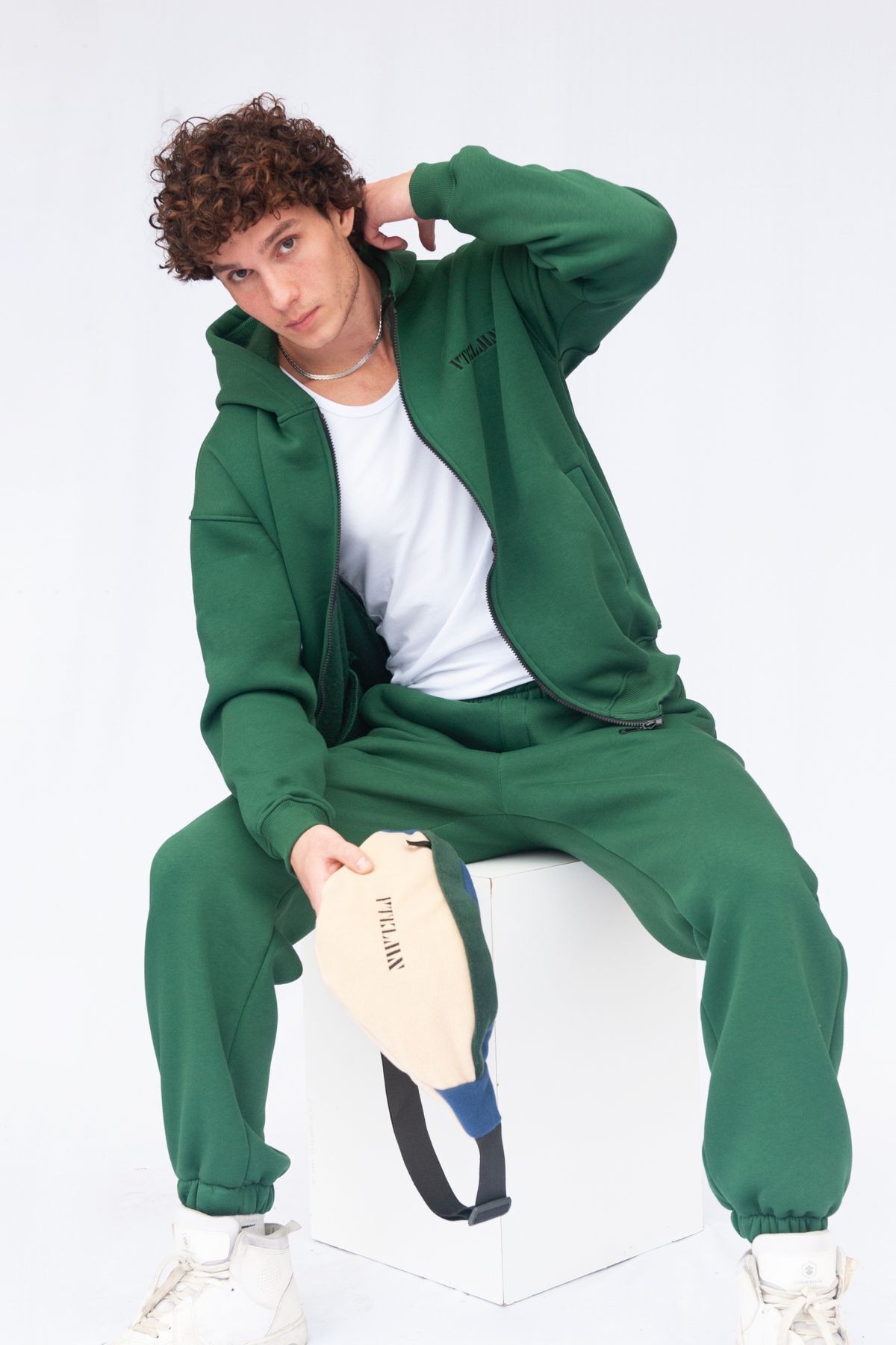 Şardonlu Oversize Kapşonlu Fermuarlı Sweatshirt - Yeşil