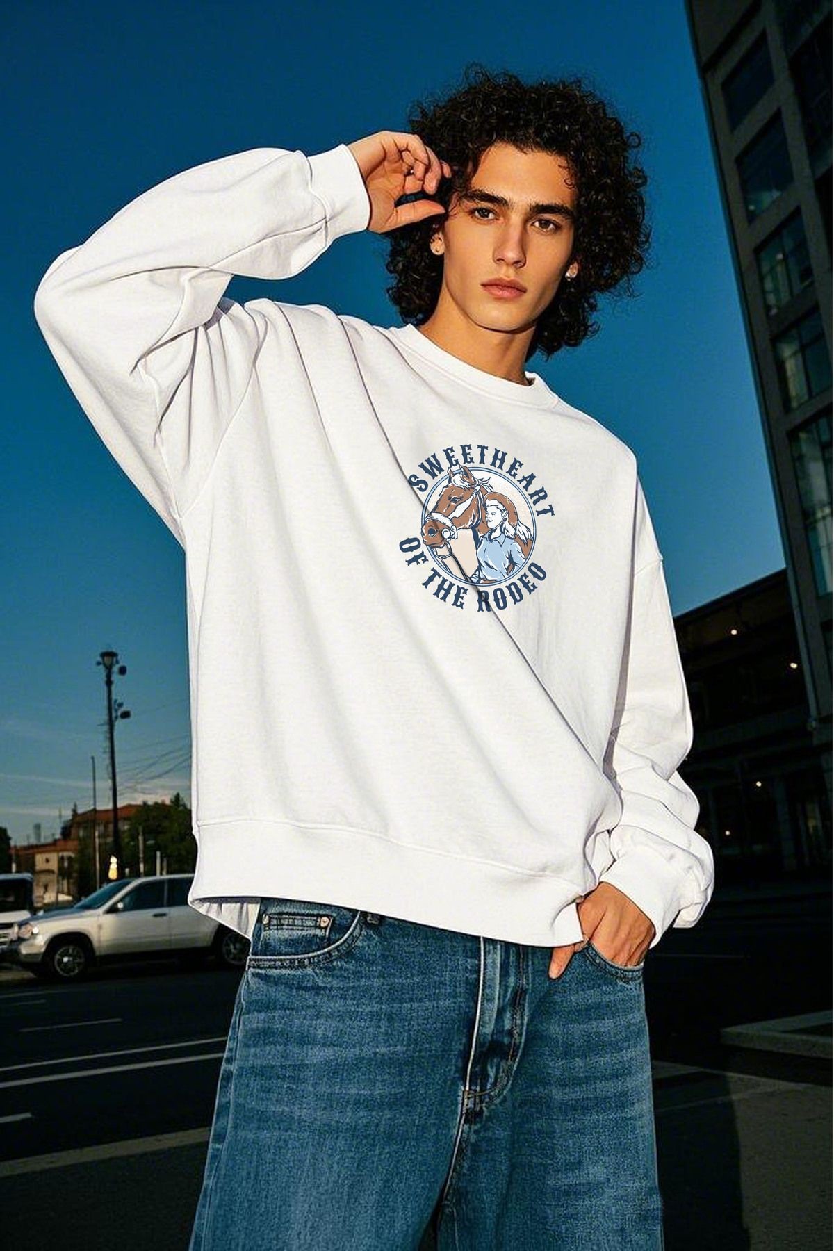 Rodeo Baskılı Unisex Kalın İçi Polarlı Oversize Sweatshirt