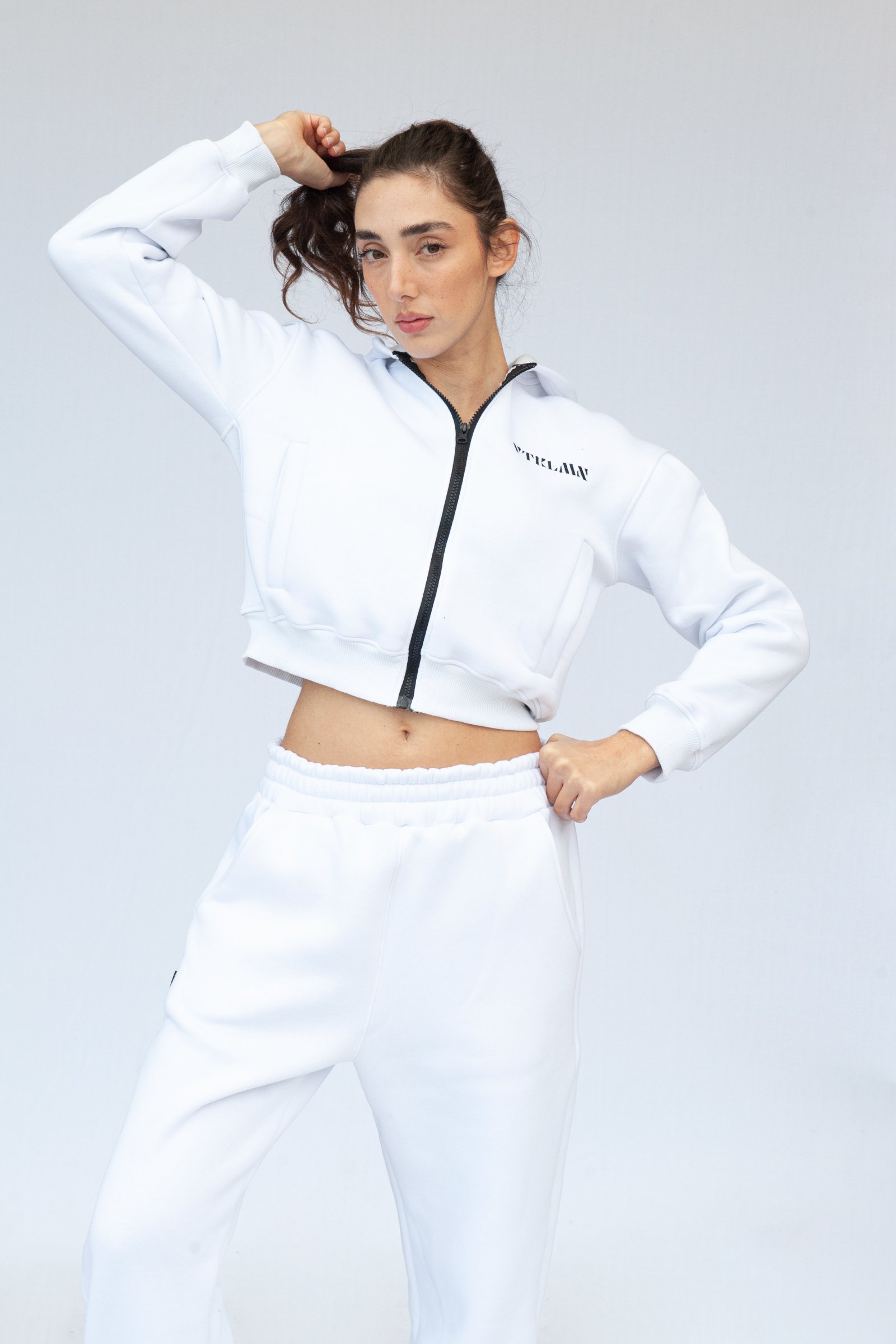 Hooded Crop Thick Fleece Knitted Sweatshirt - White