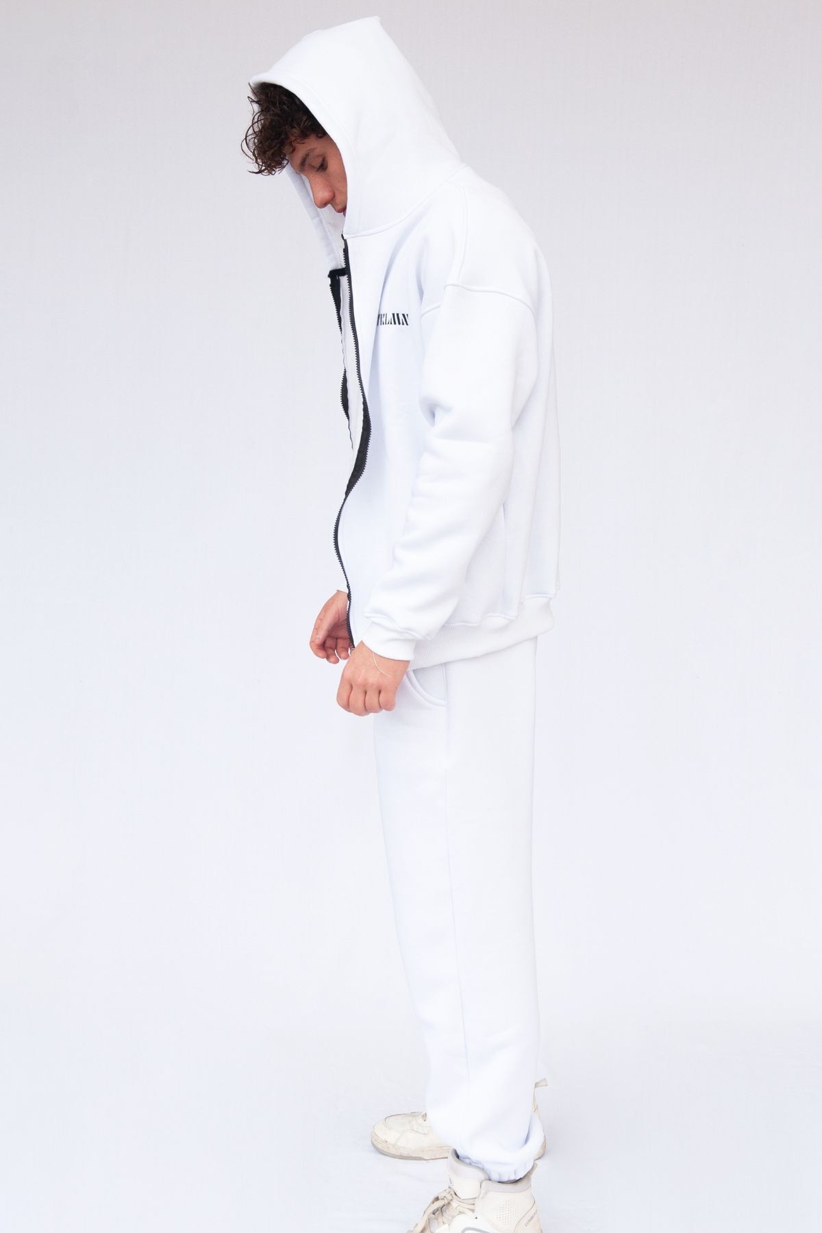 Şardonlu Oversize Kapşonlu Fermuarlı Sweatshirt - Beyaz