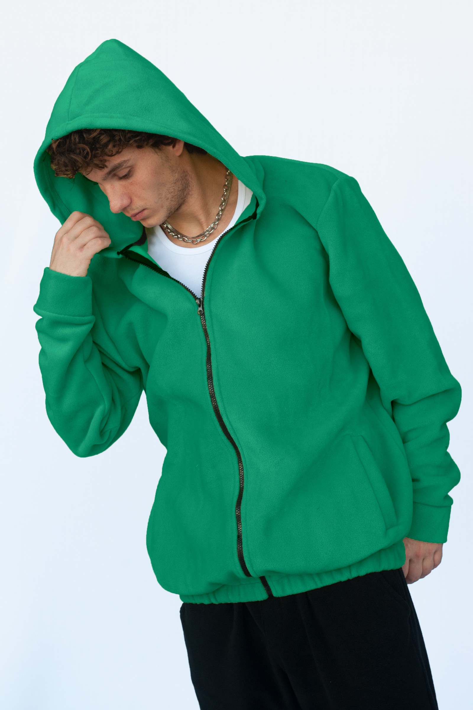 Kapşonlu Fermuarlı Sweatshirt - Koyu Yeşil