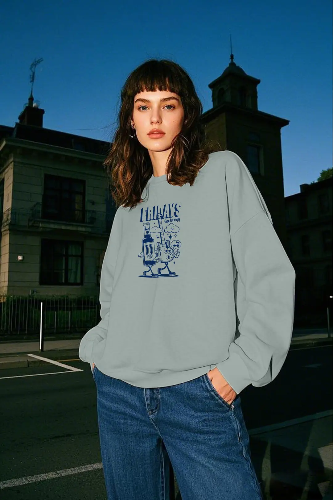 Fridays Baskılı Açık Yeşil Unisex Kalın Içi Polarlı Oversize Sweatshirt