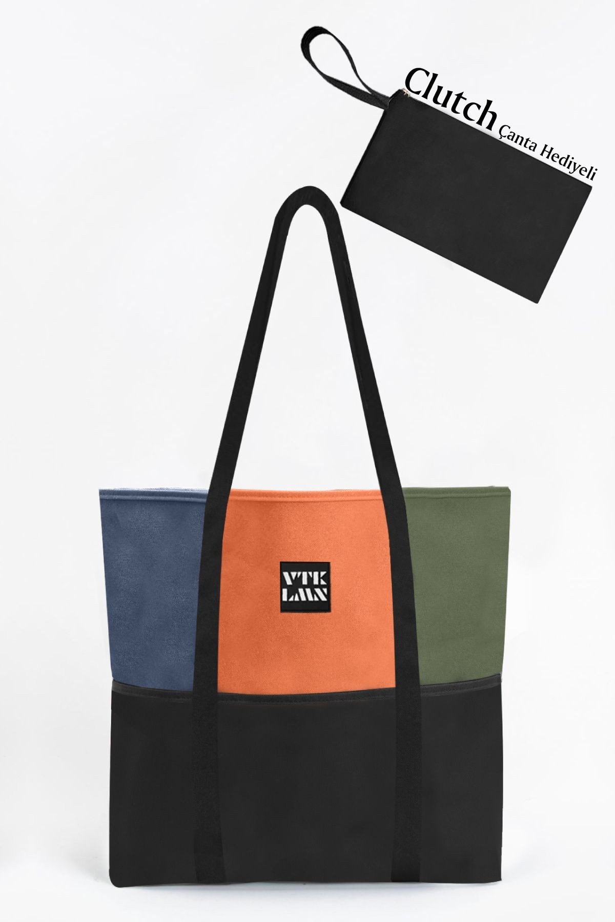Tote Bag Omuz Çantası - Lacivert-Turuncu-Haki