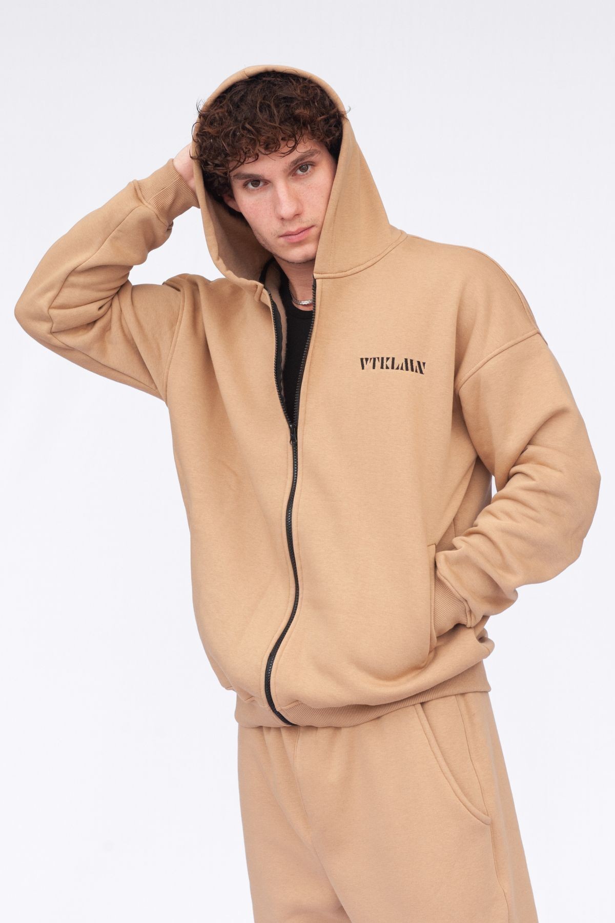 Şardonlu Oversize Kapşonlu Fermuarlı Sweatshirt - Krem