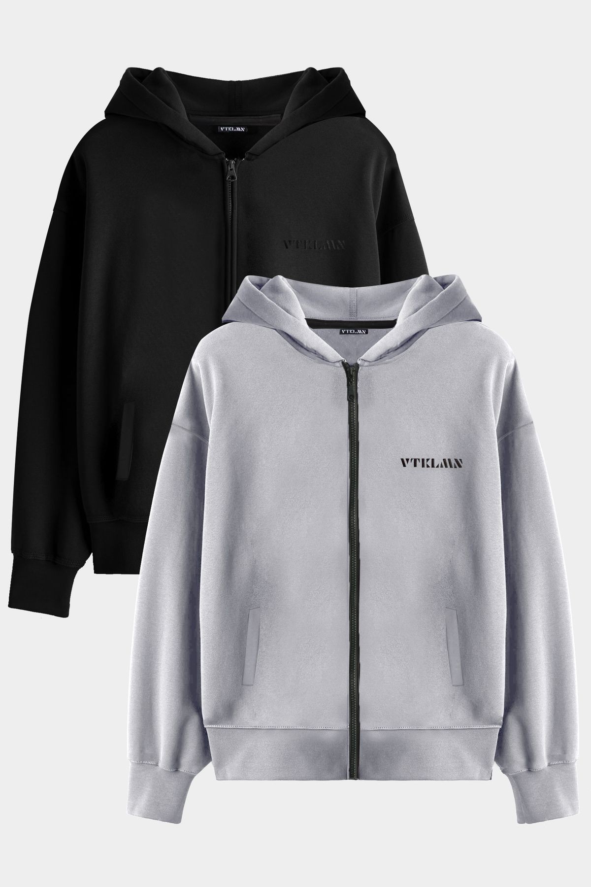 2'li Fermuarlı Kapüşonlu İçi Polarlı Sweatshirt - Gri-Siyah
