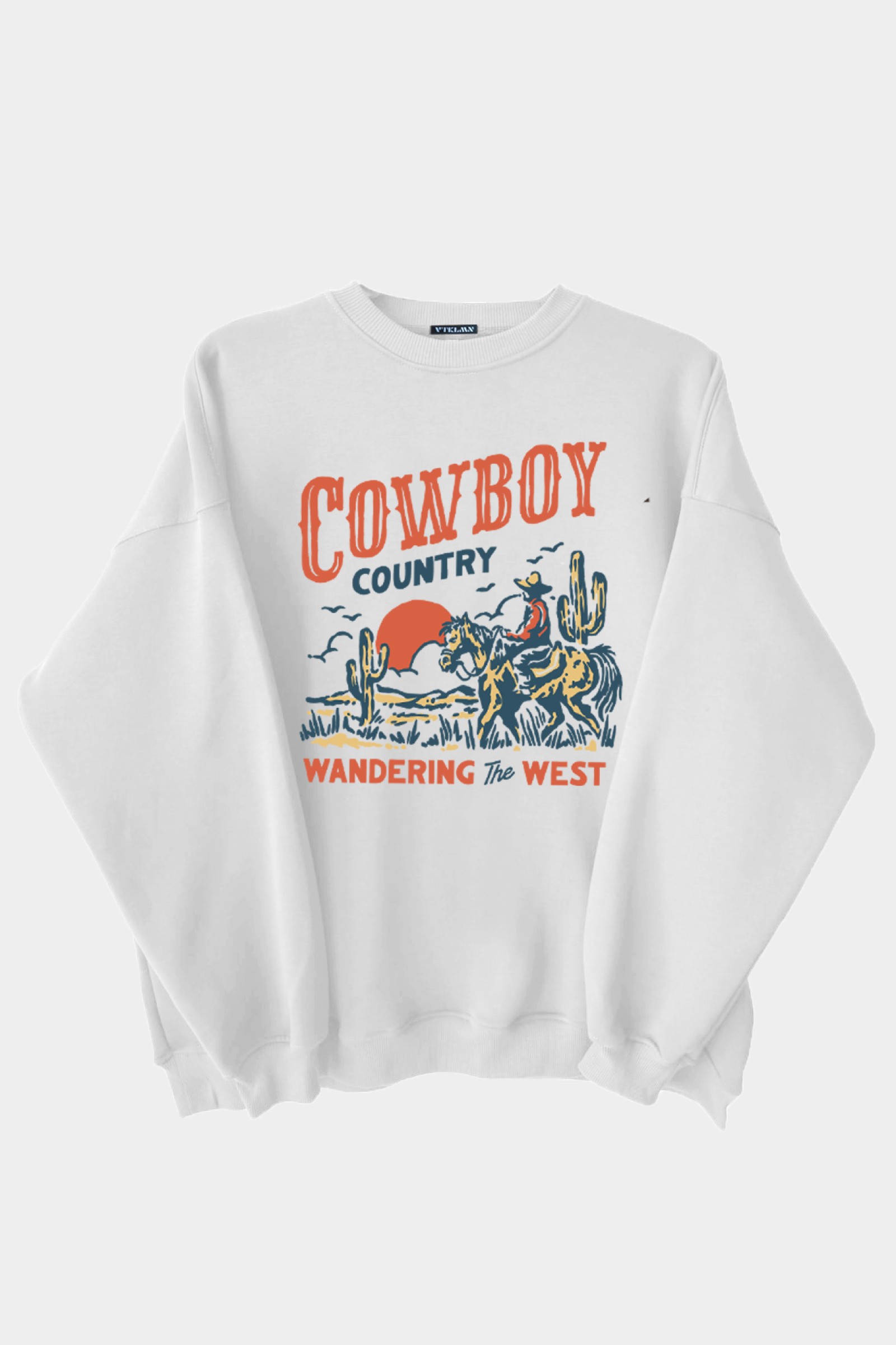 Cowboy Baskılı Unisex Kalın İçi Polarlı Oversize Sweatshirt - Beyaz