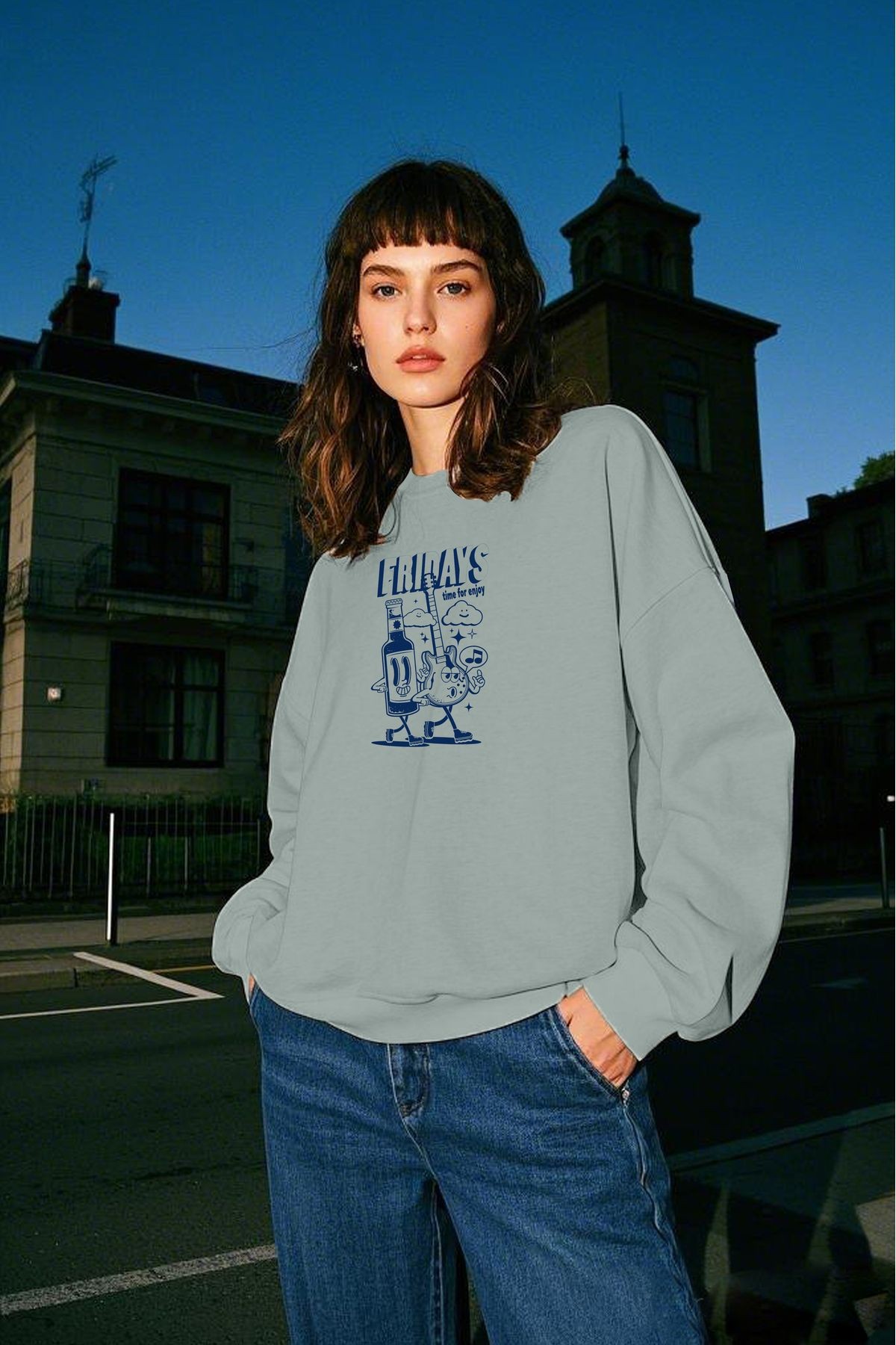 Fridays Baskılı Unisex Kalın Içi Polarlı Oversize Sweatshirt - AÇIK-YEŞİL
