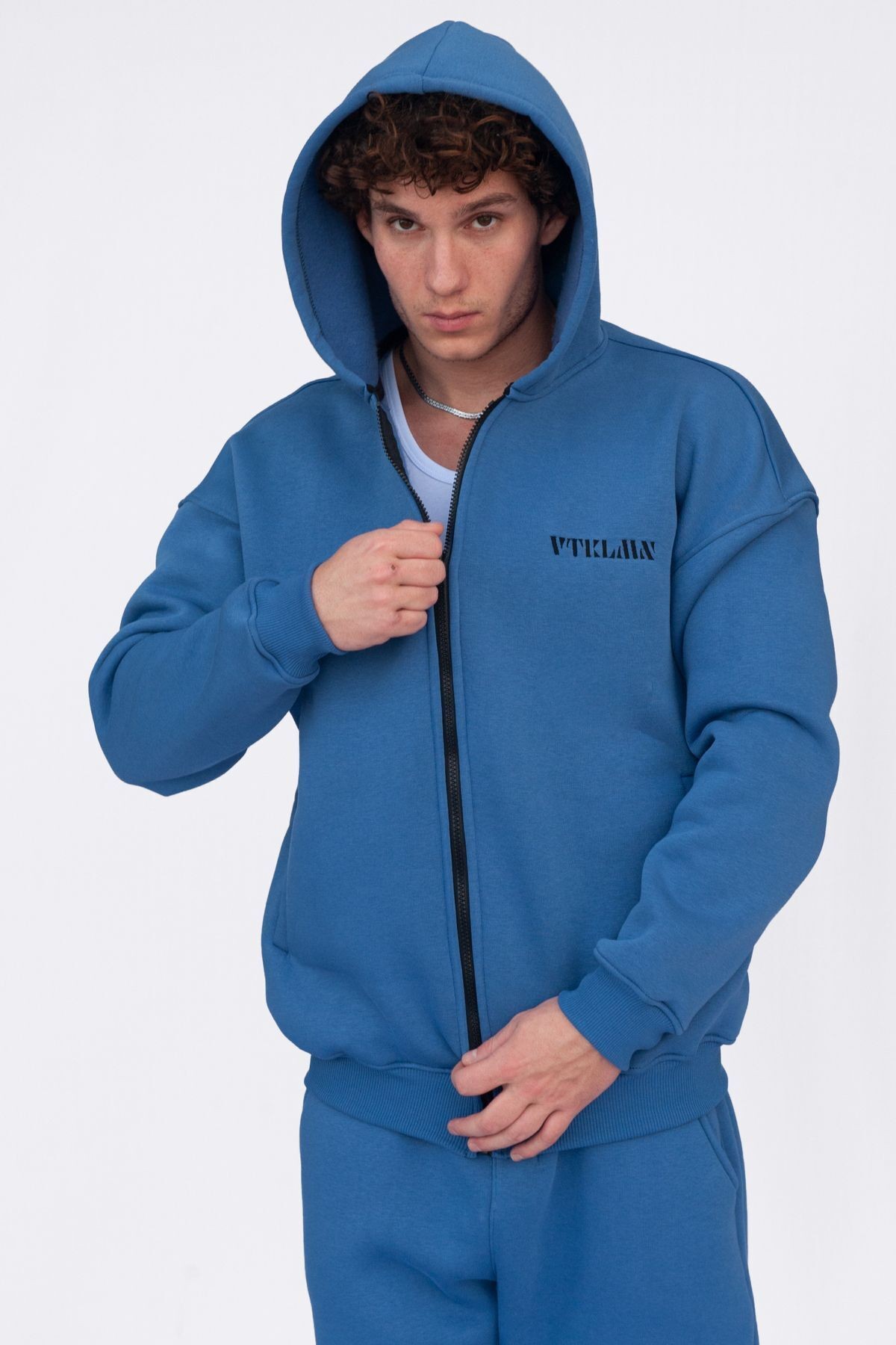 Şardonlu Oversize Kapşonlu Fermuarlı Sweatshirt - Lacivert
