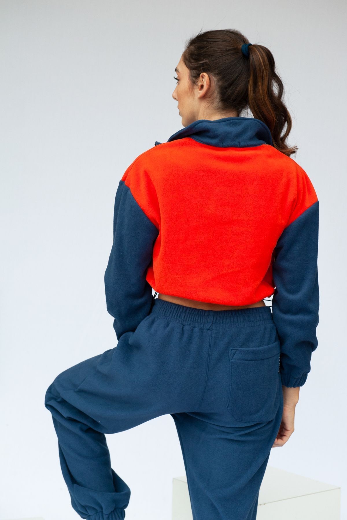 Yarım Fermuarlı Crop Polar - Turuncu-Lacivert