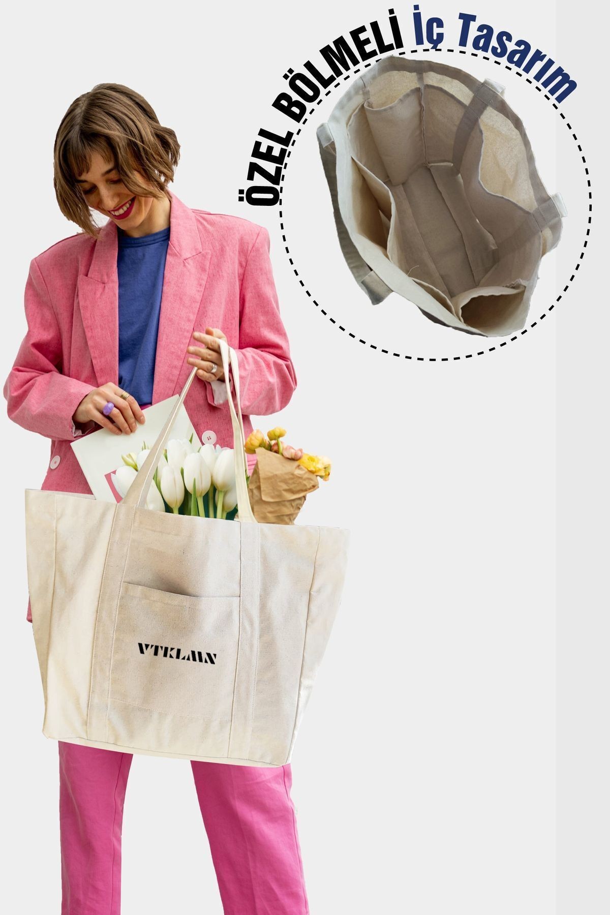 % 100 Pamuk Kanvas Bölmeli Bez Çanta / Tote Bag - Bej6