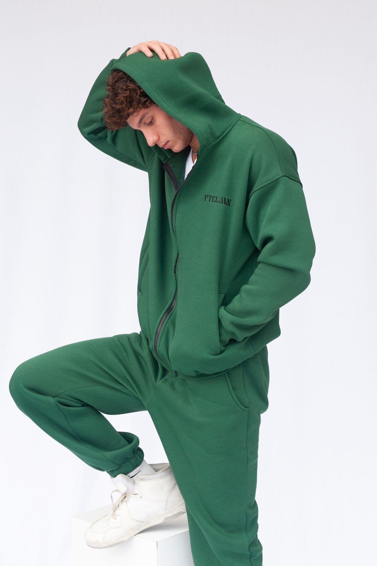 Şardonlu Oversize Kapşonlu Fermuarlı Sweatshirt - Yeşil
