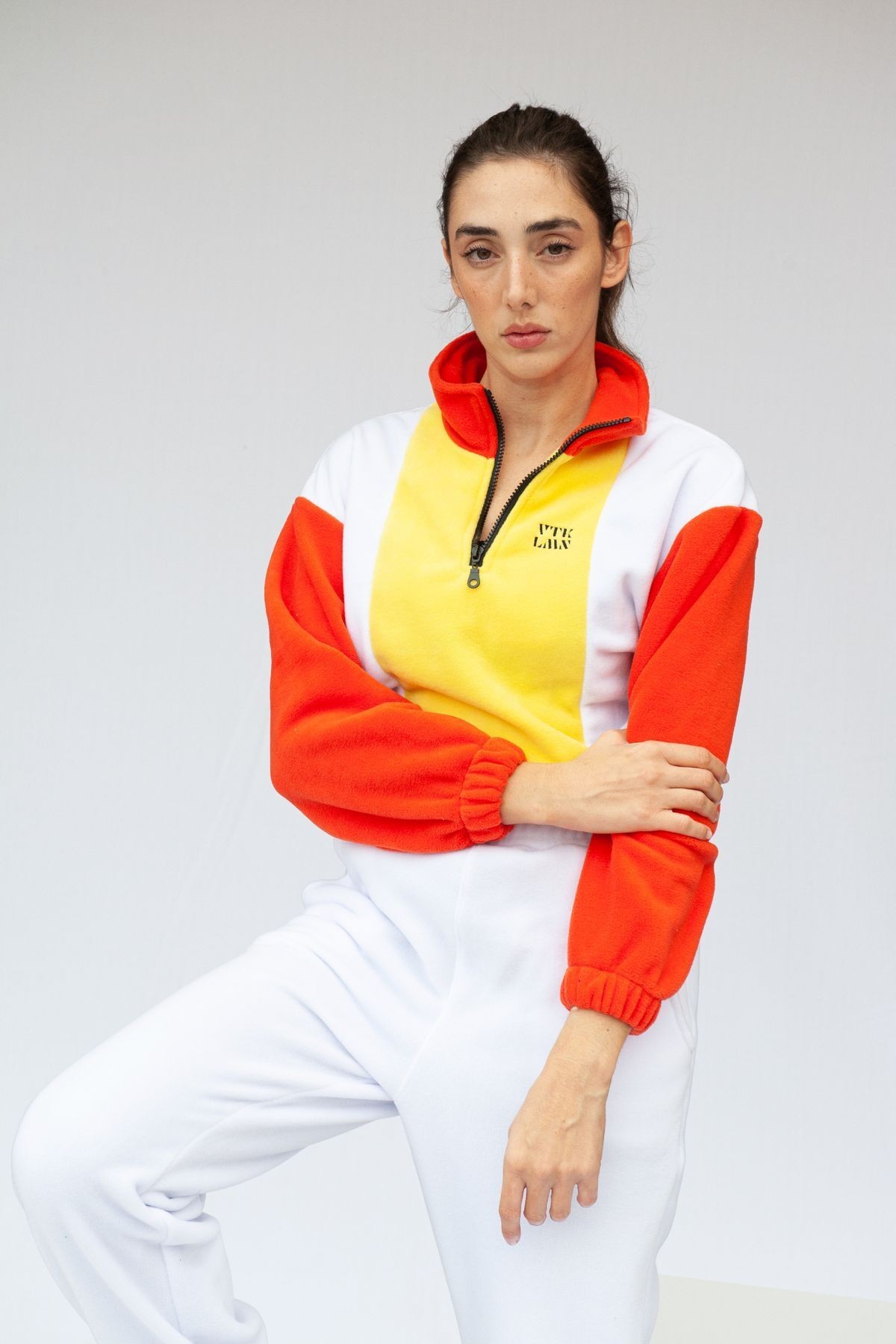 Yarım Fermuarlı Crop Polar - Turuncu