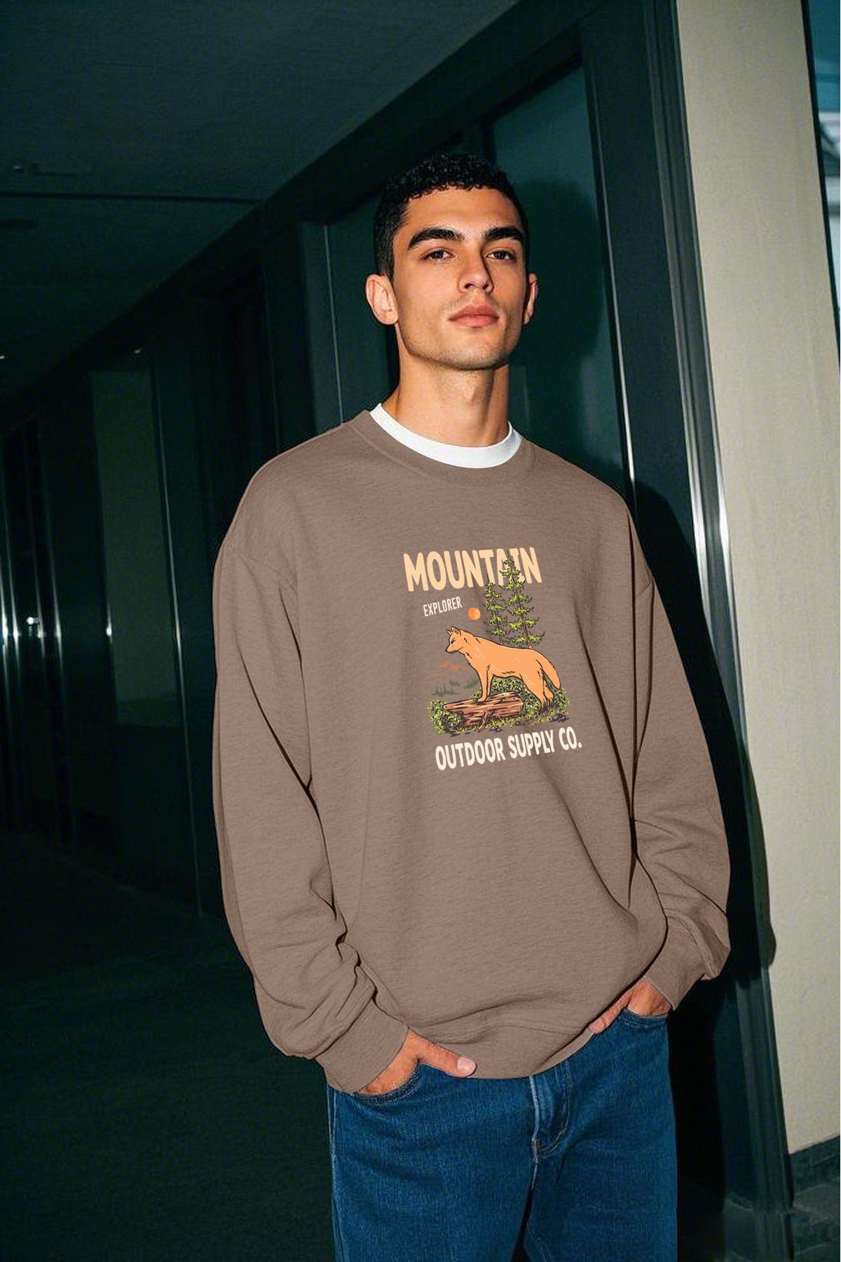 Mountain Baskılı Unisex Kalın İçi Polarlı Oversize Sweatshirt