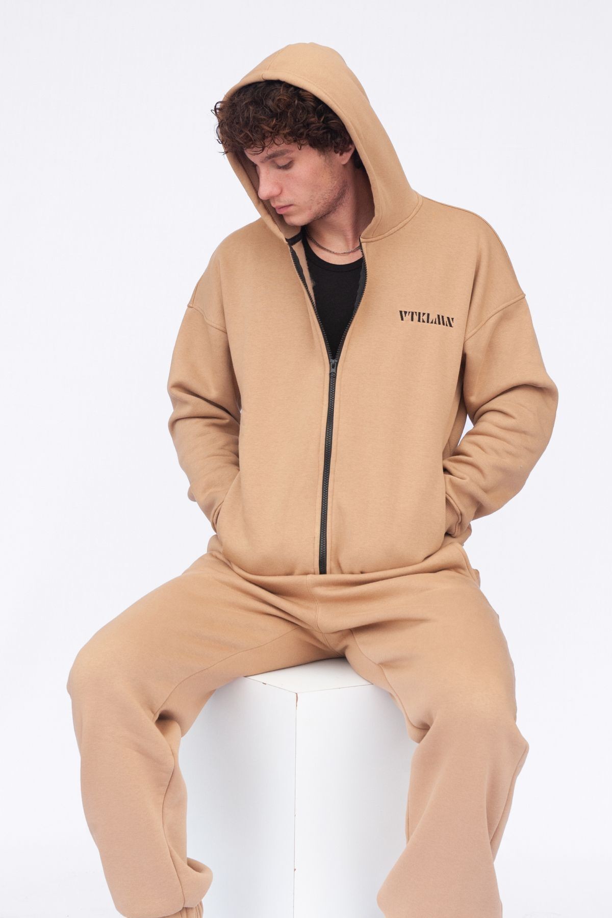 Şardonlu Oversize Kapşonlu Fermuarlı Sweatshirt - Krem