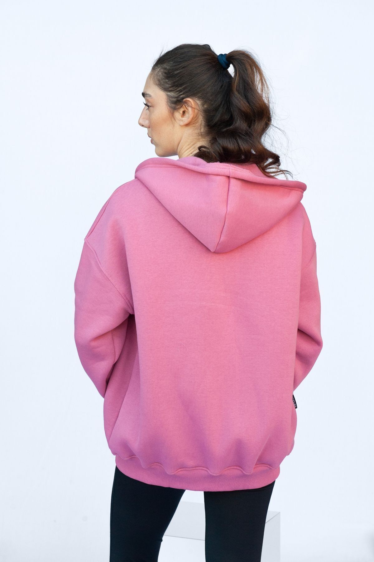 Şardonlu Oversize Kapşonlu Fermuarlı Sweatshirt - Pembe