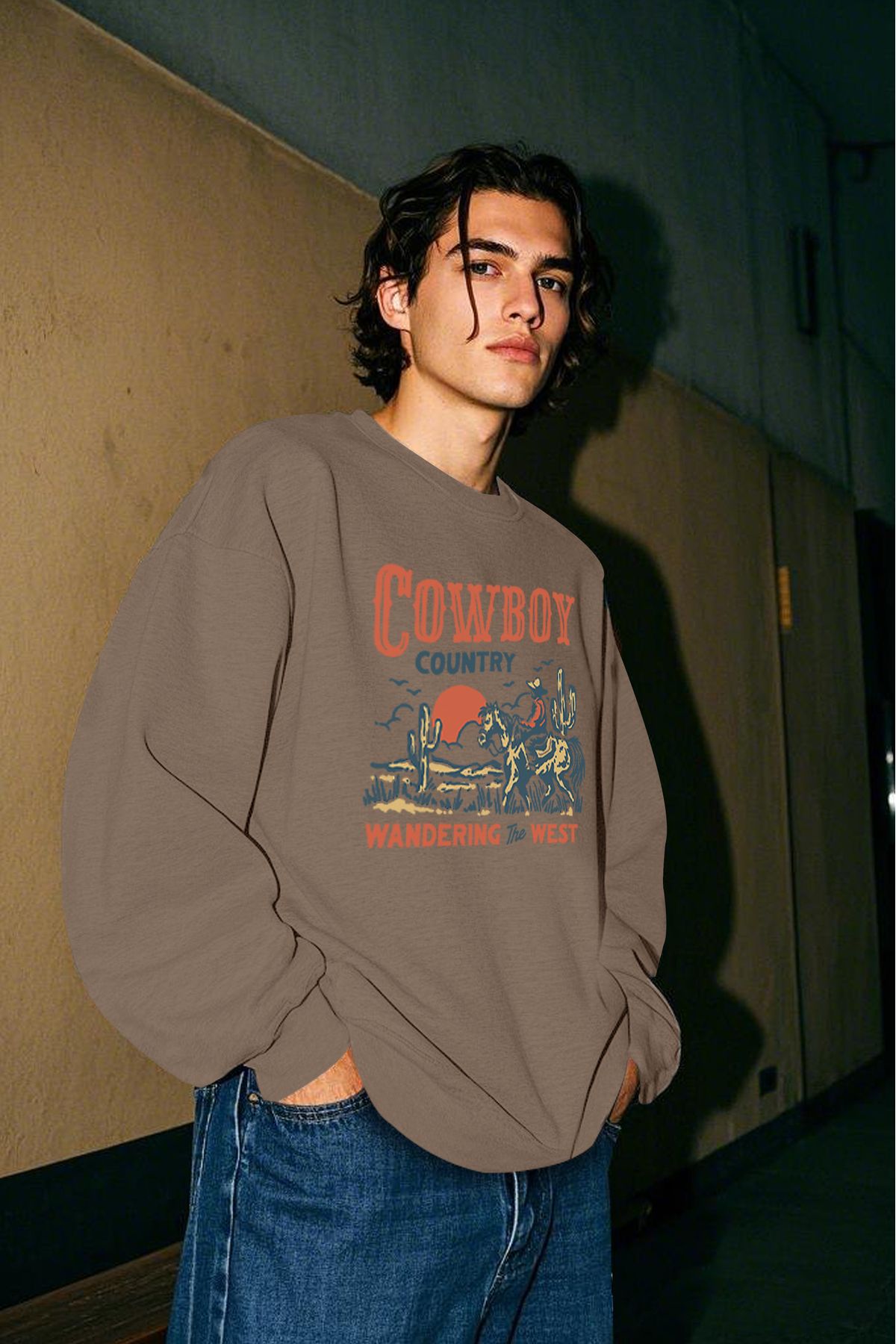 Cowboy Baskılı Unisex Kalın İçi Polarlı Oversize Sweatshirt - KAHVE