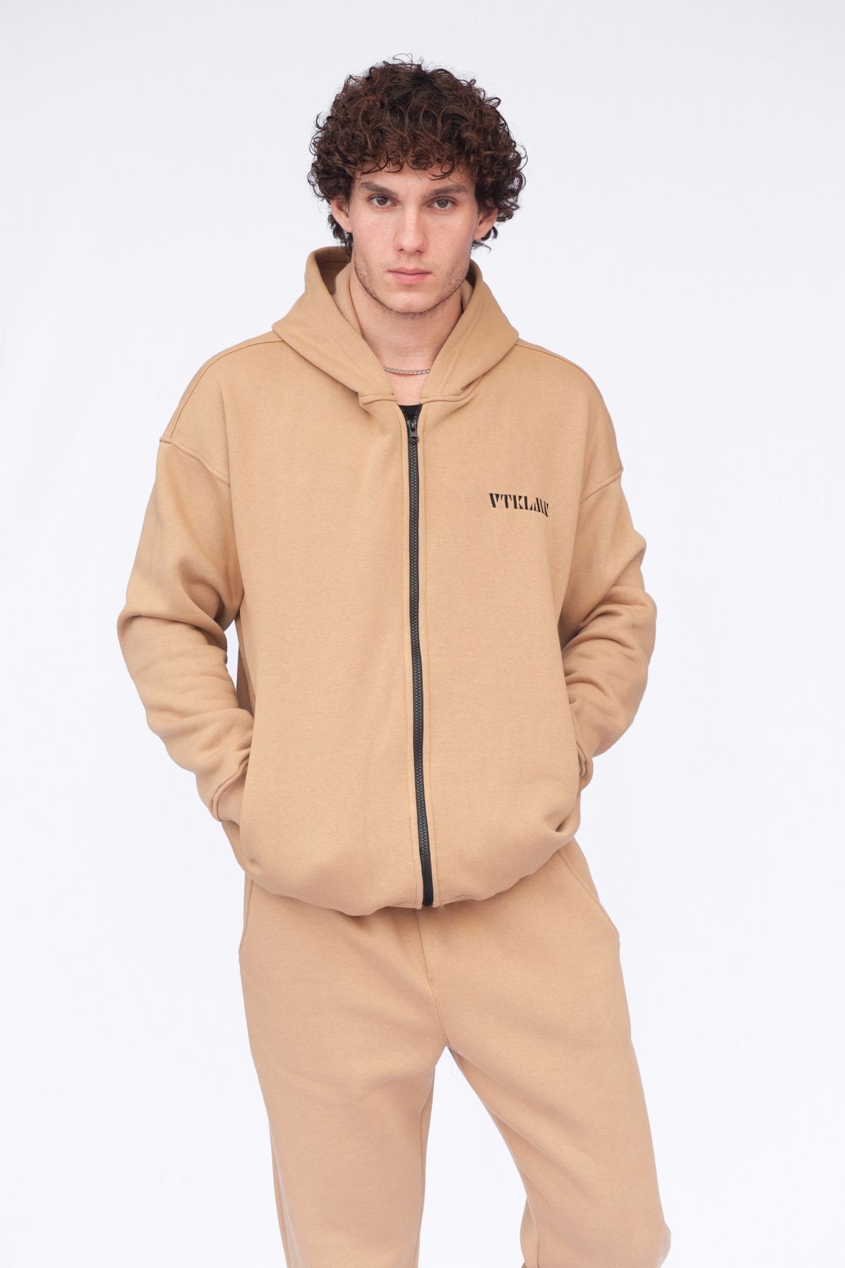 Şardonlu Oversize Kapşonlu Fermuarlı Sweatshirt - Krem