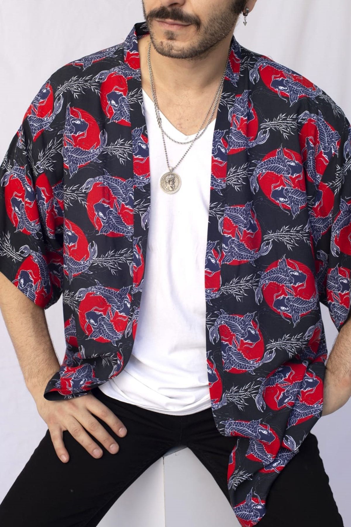 Unisex Kırmızı Desenli Kimono Gömlek - Desenli