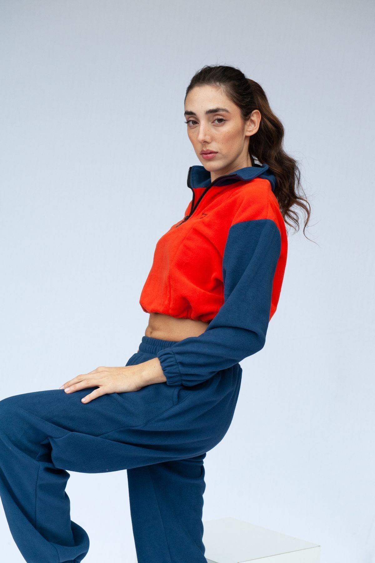 Yarım Fermuarlı Crop Polar - Turuncu-Lacivert
