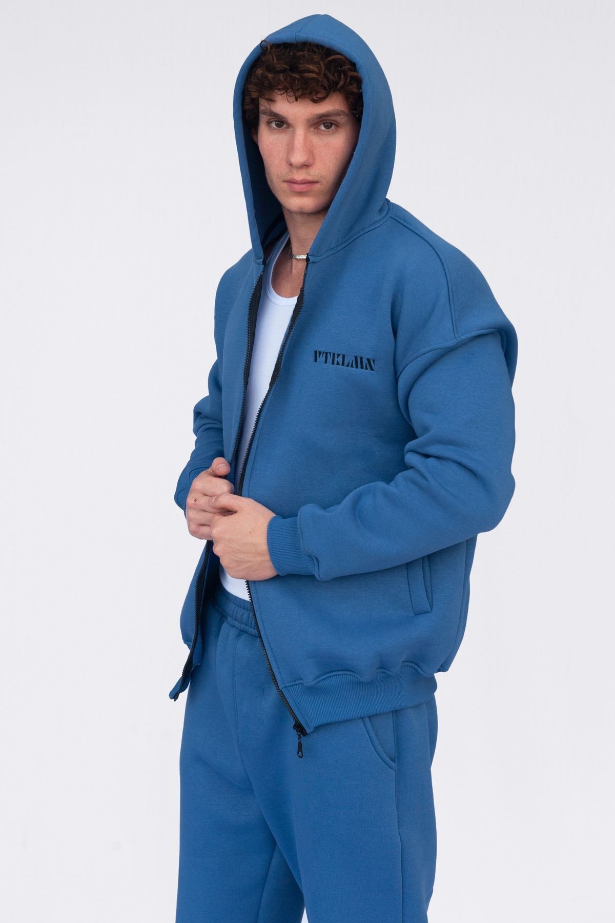 Şardonlu Oversize Kapşonlu Fermuarlı Sweatshirt - Lacivert