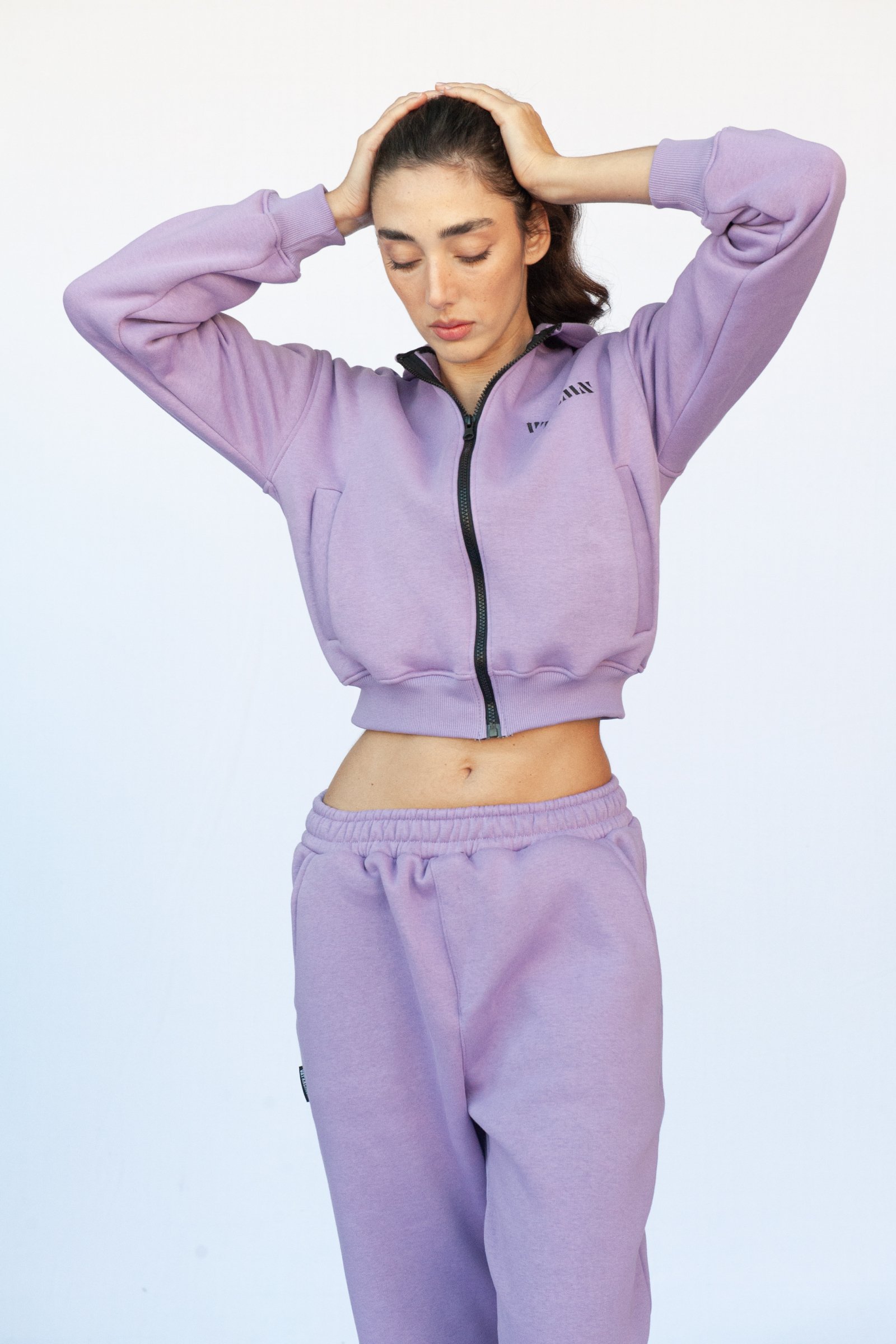 Hooded Crop Thick Fleece Knitted Sweatshirt - Lilac