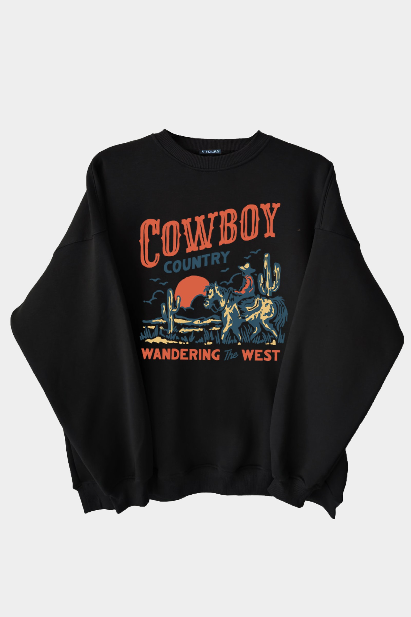 Cowboy Baskılı Unisex Kalın İçi Polarlı Oversize Sweatshirt - Siyah