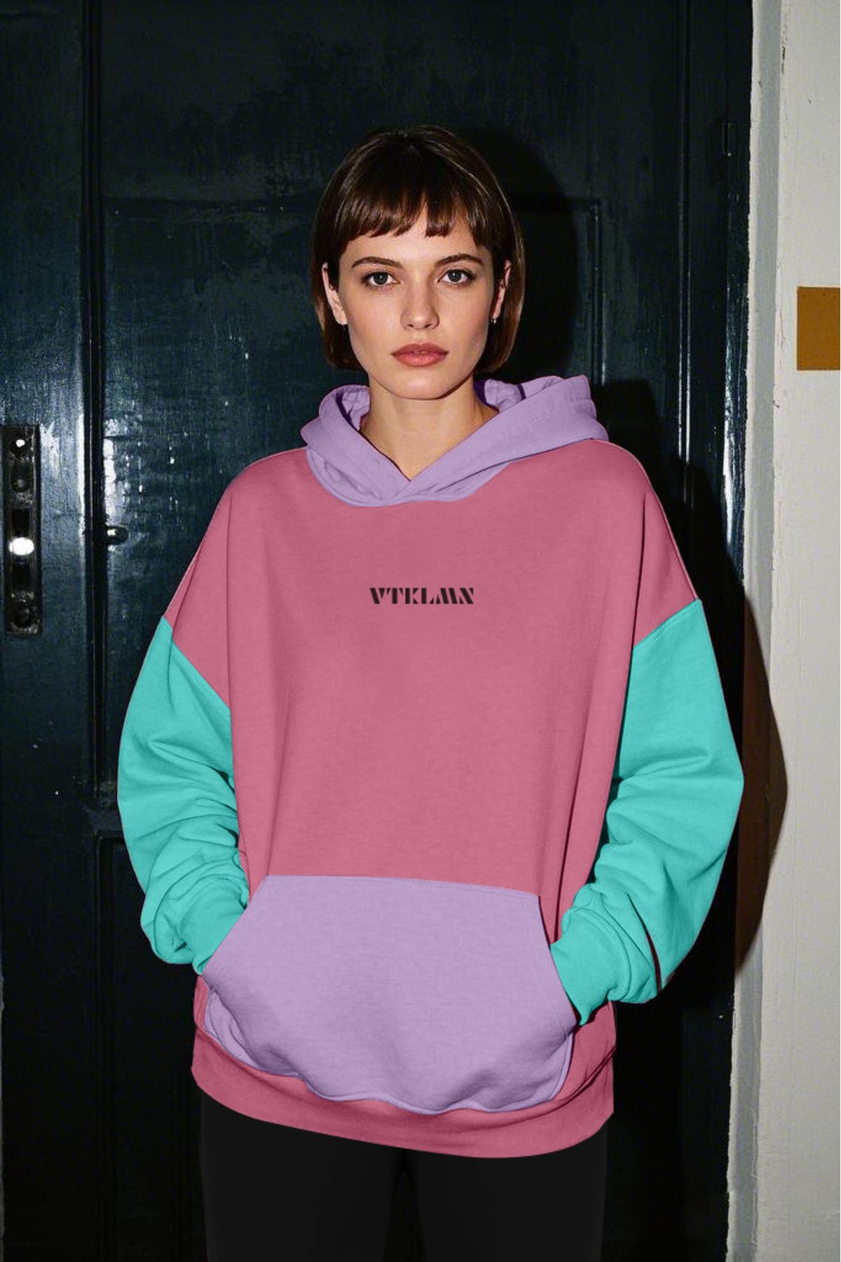 Kapüşonlu Hoodie Sweatshirt - Turkuaz-Lila-Pembe