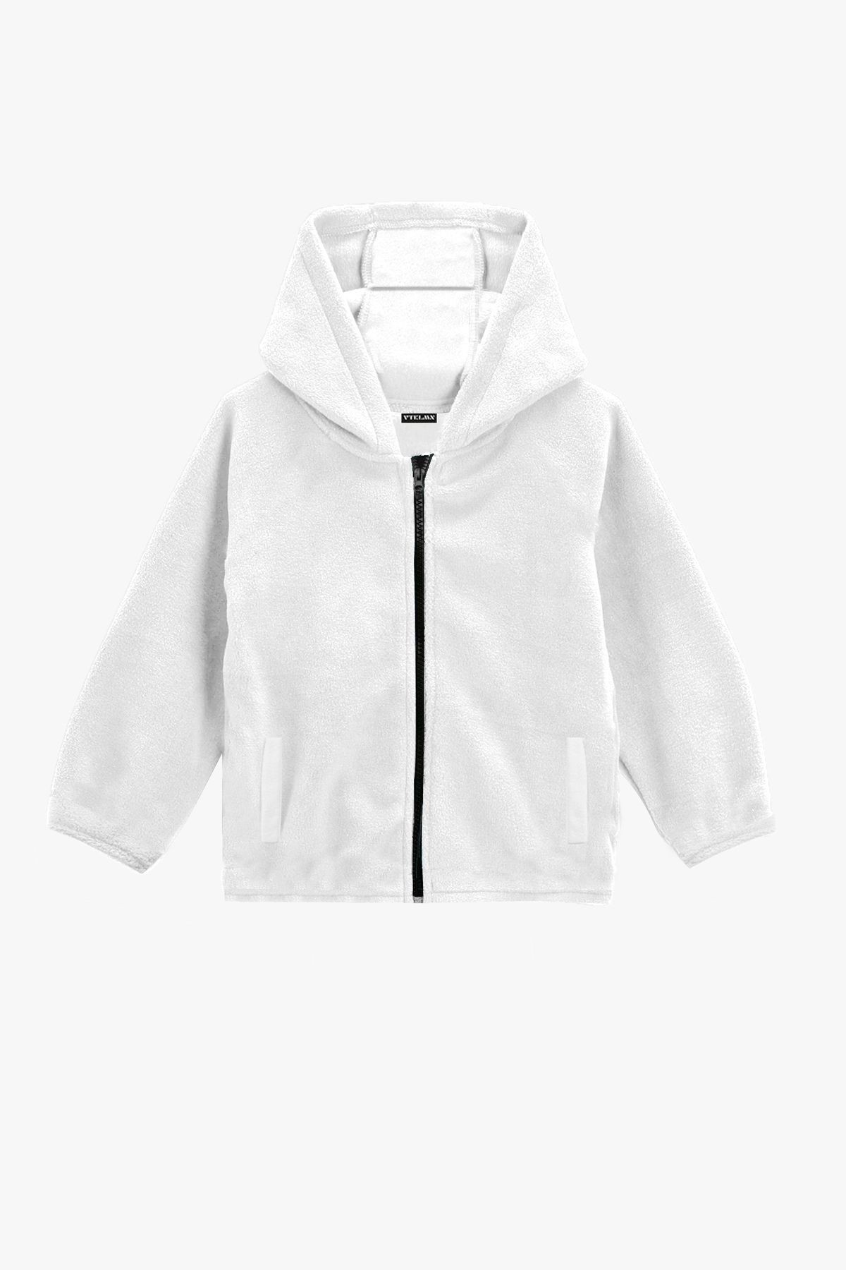Kız Erkek Çocuk Cepli Kapüşonlu Polar Ceket - White