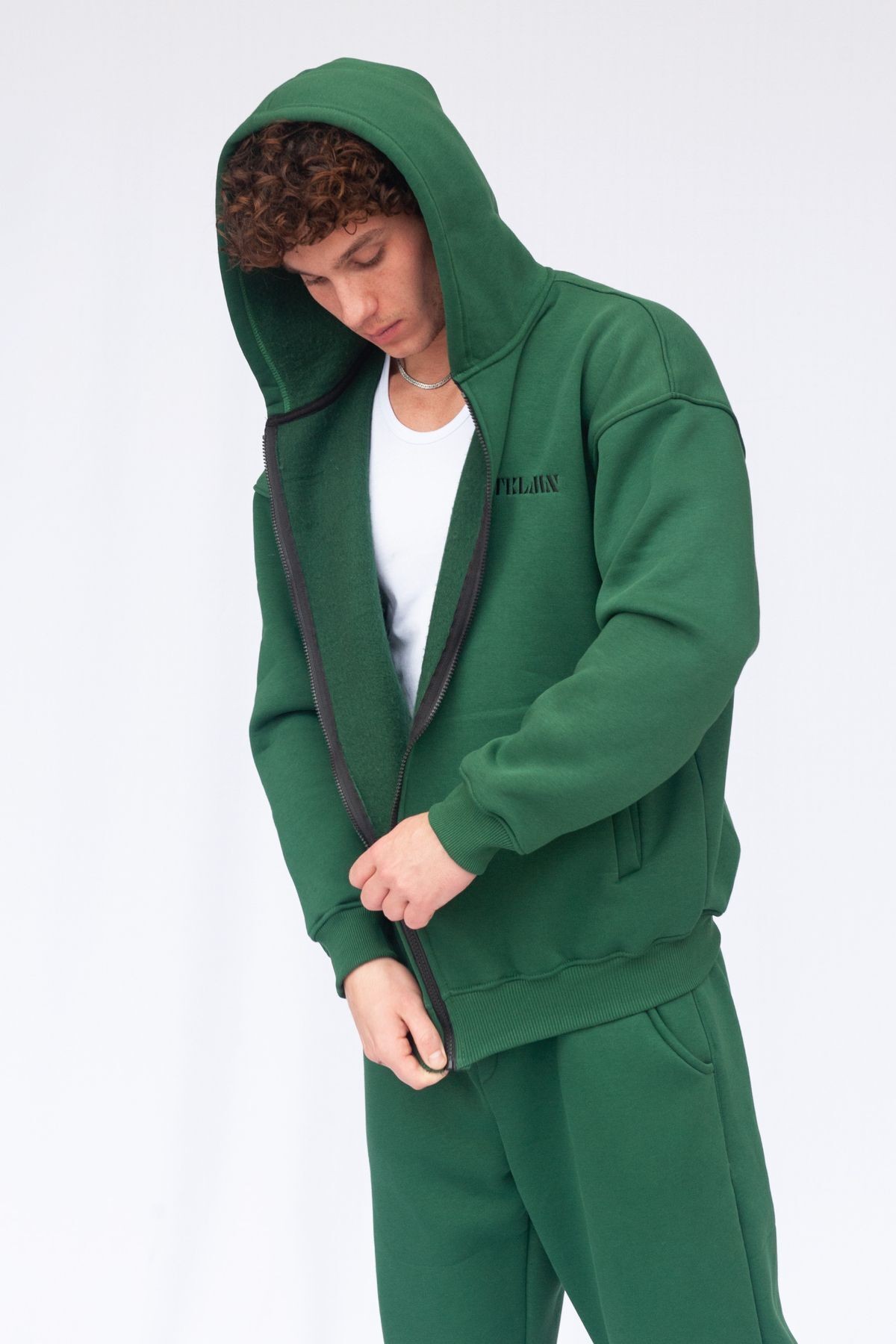 Şardonlu Oversize Kapşonlu Fermuarlı Sweatshirt - Yeşil