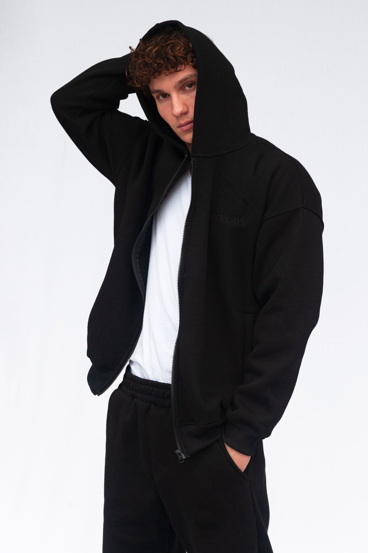 Şardonlu Oversize Kapşonlu Fermuarlı Sweatshirt - Siyah