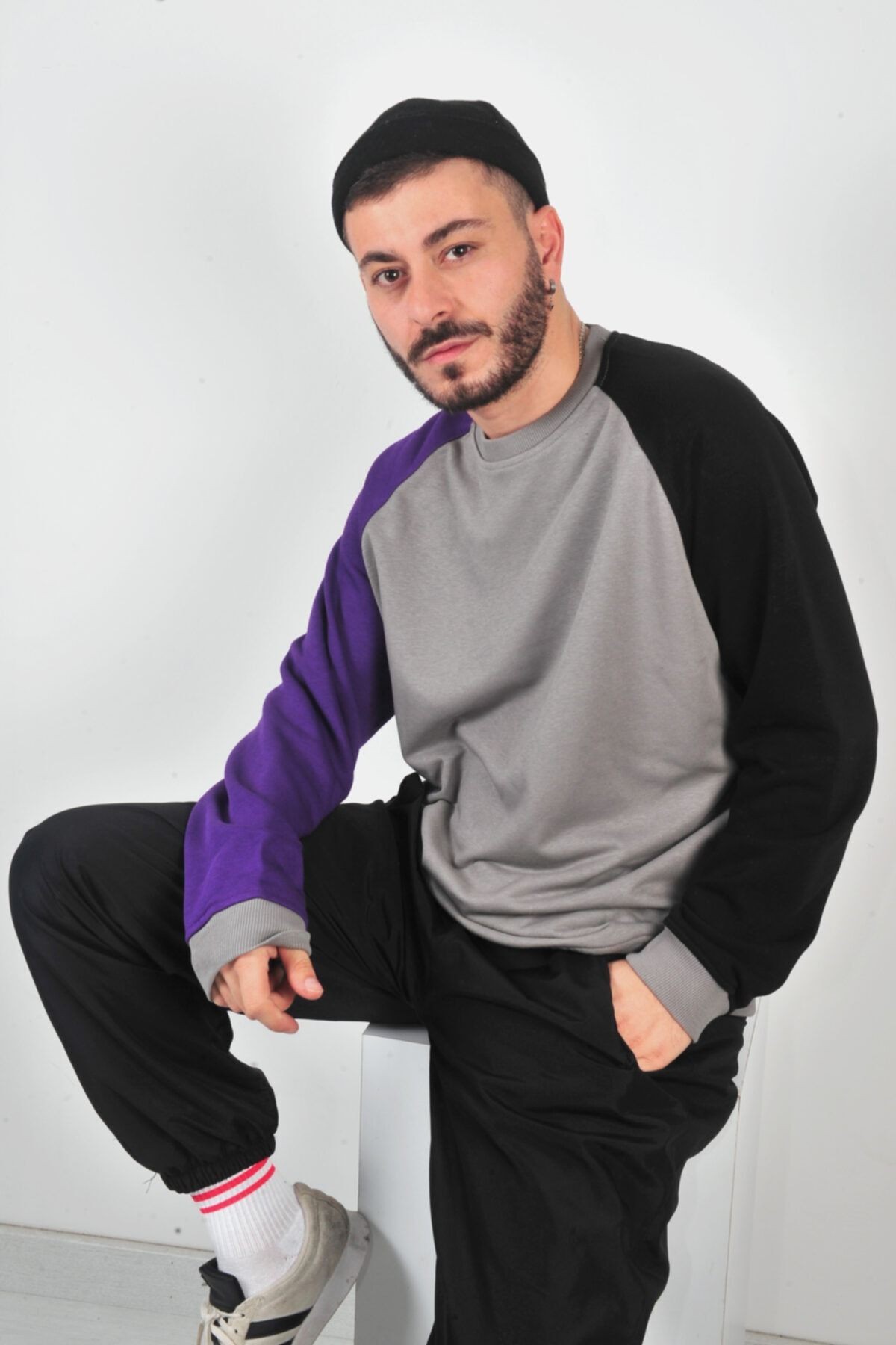 Unisex Gri Mor Siyah Oversize Örme Sweatshirt