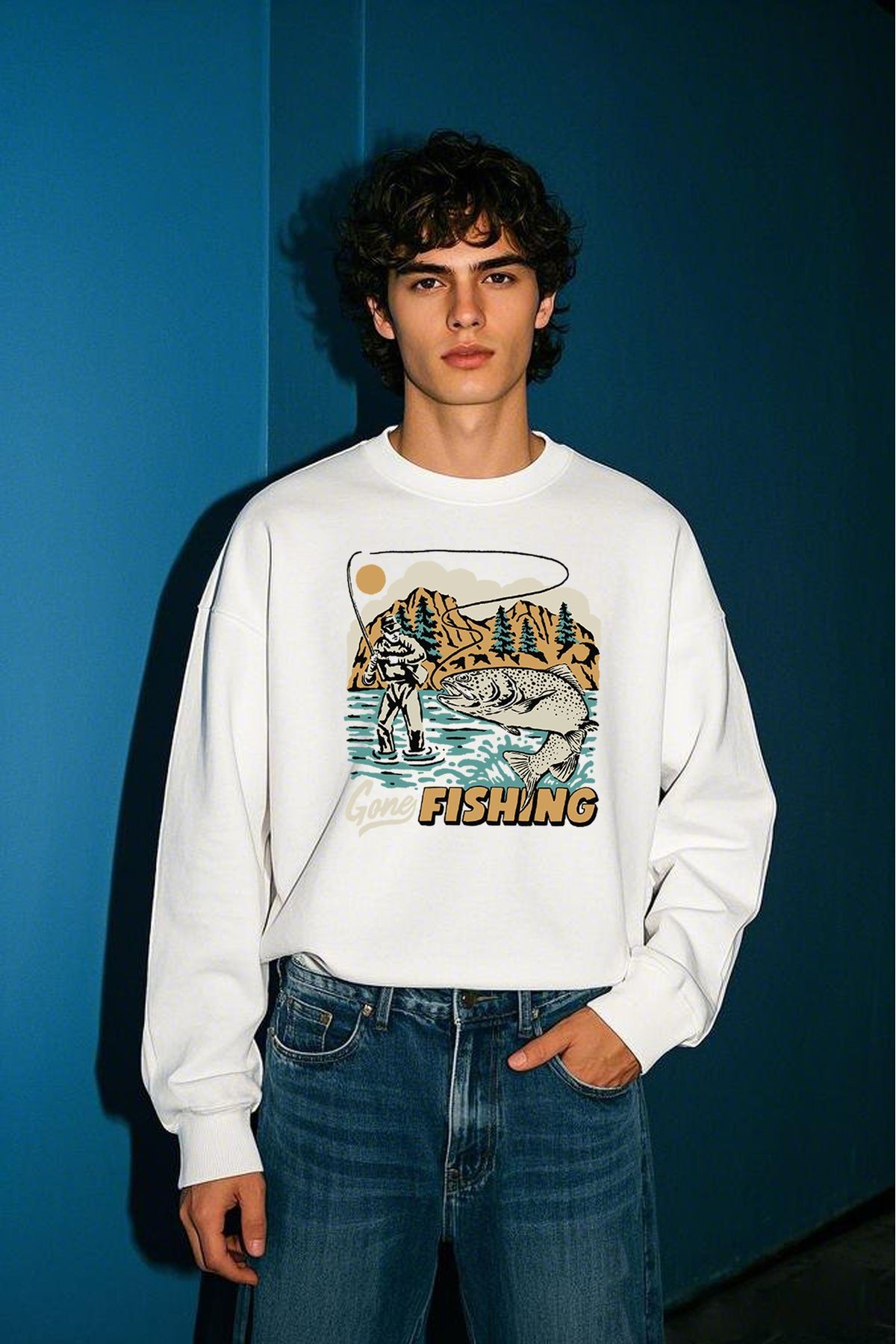 Fishing Baskılı Unisex Kalın Içi Polarlı Oversize Sweatshirt