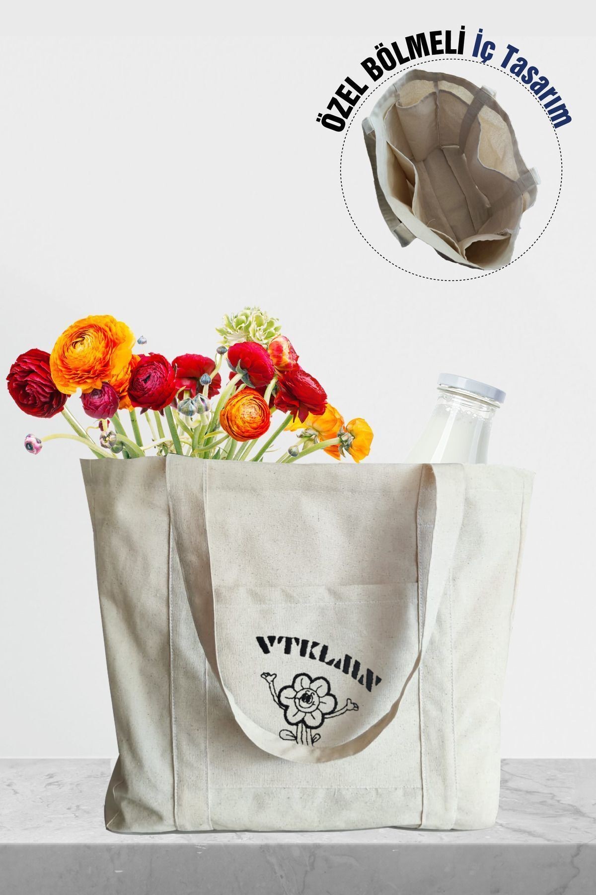 % 100 Pamuk Kanvas Bölmeli Bez Çanta / Tote Bag - Bej2