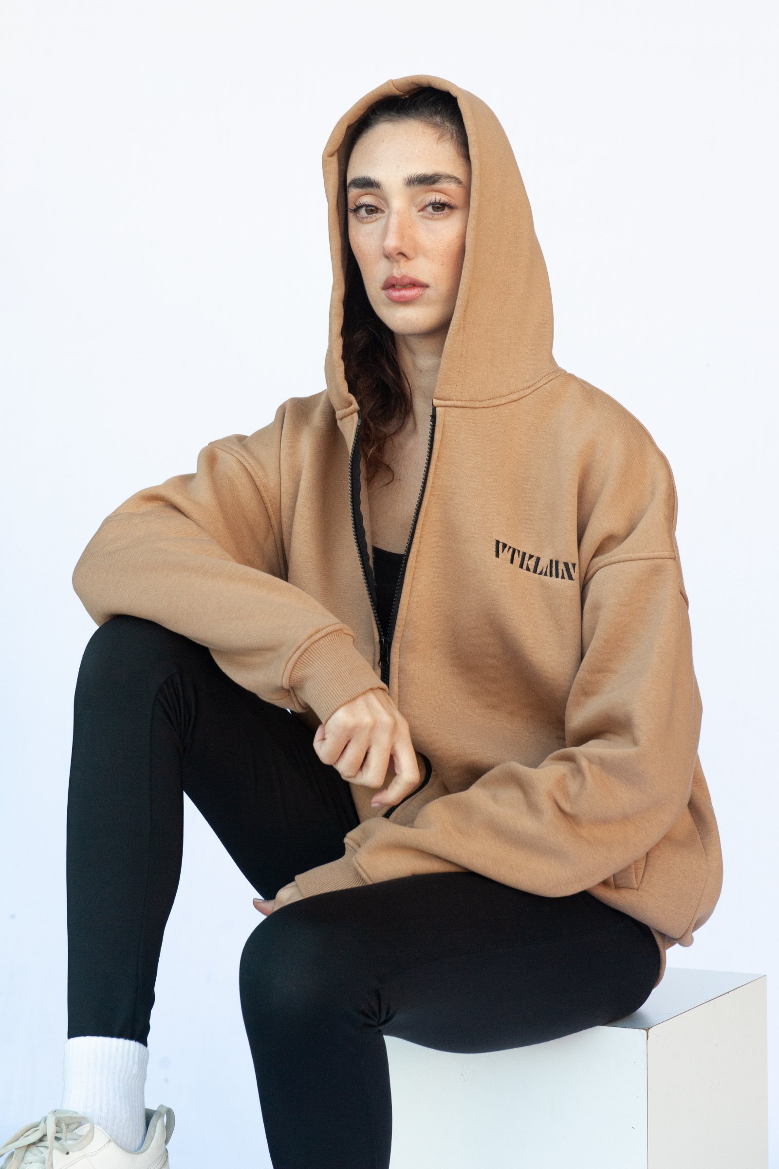 Oversize Kapşonlu Fermuarlı Sweatshirt - Kahve