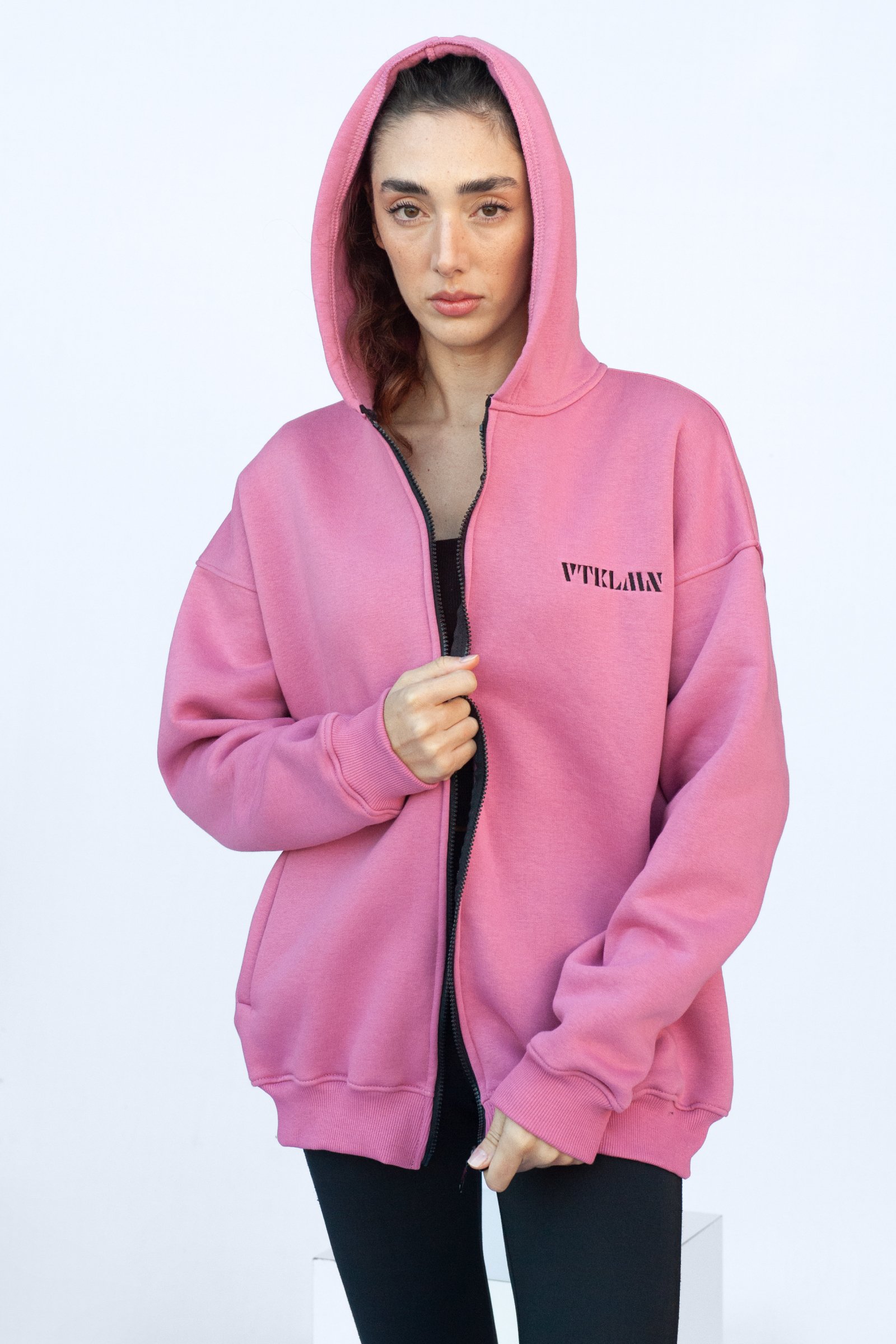 Oversize Kapşonlu Fermuarlı Sweatshirt - Pembe